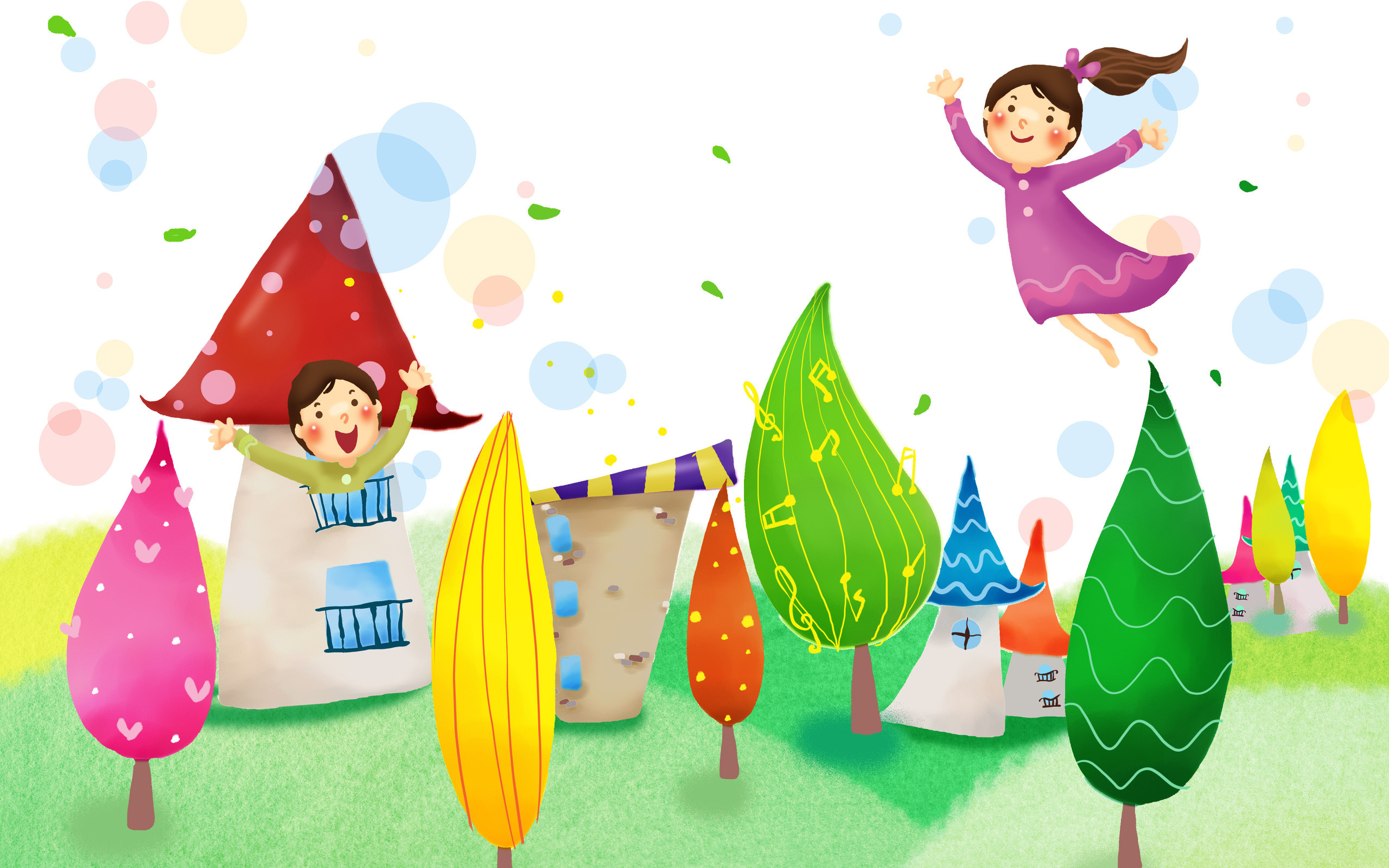 Bambina, Casette, Alberi colorati, Illustrazione, Fiaba, 2560x1600, sfondo per PC