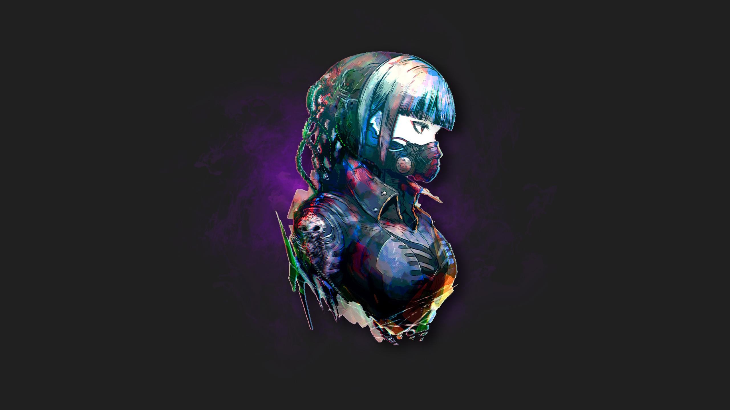 Ragazza cyberpunk, Maschera antigas, Arte digitale, Sfondo scuro, wallpaper 2560x1440