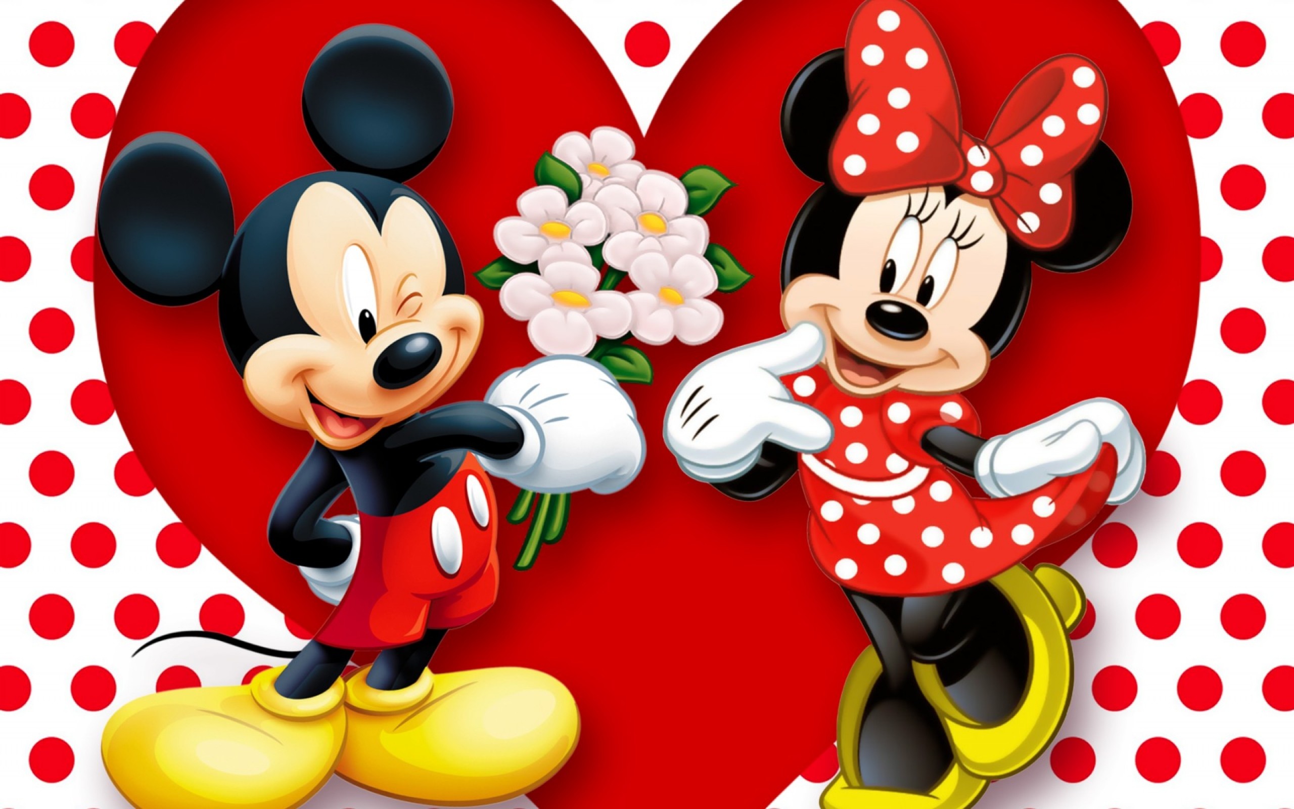 Topolino, Minnie, Cuore, Fiori, Pois, 2K, sfondo Windows 11