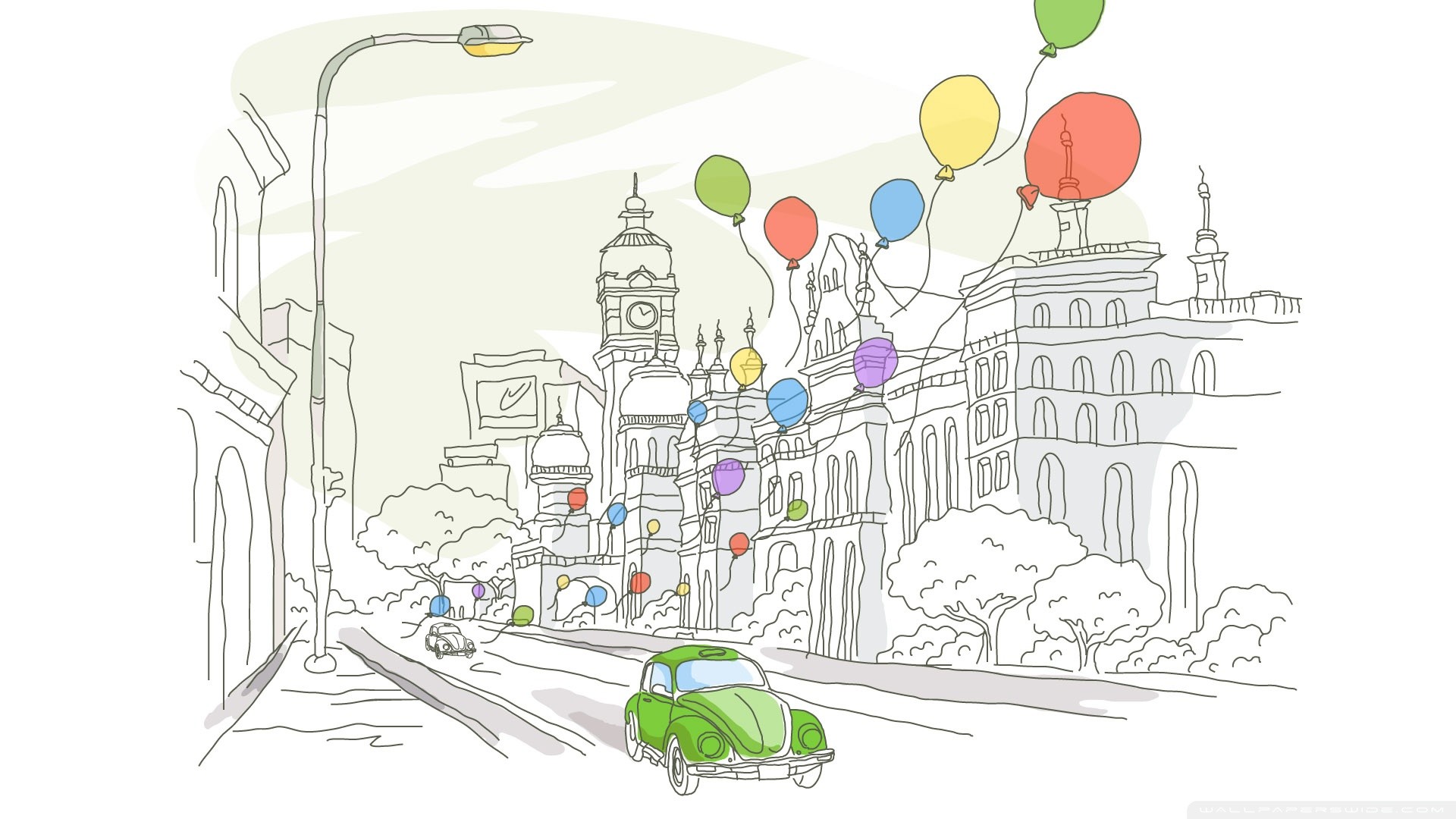 Città disegnata, Palloncini, Maggiolino, Schizzo, Full HD, sfondo Windows 11