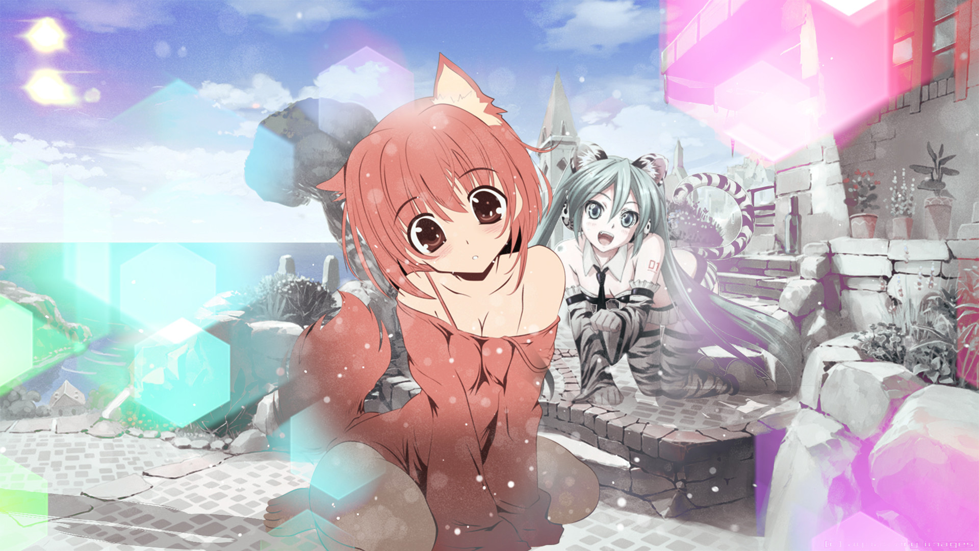 Ragazza gatto, Hatsune Miku, Kawaii, Rovine, Full HD, sfondo per PC