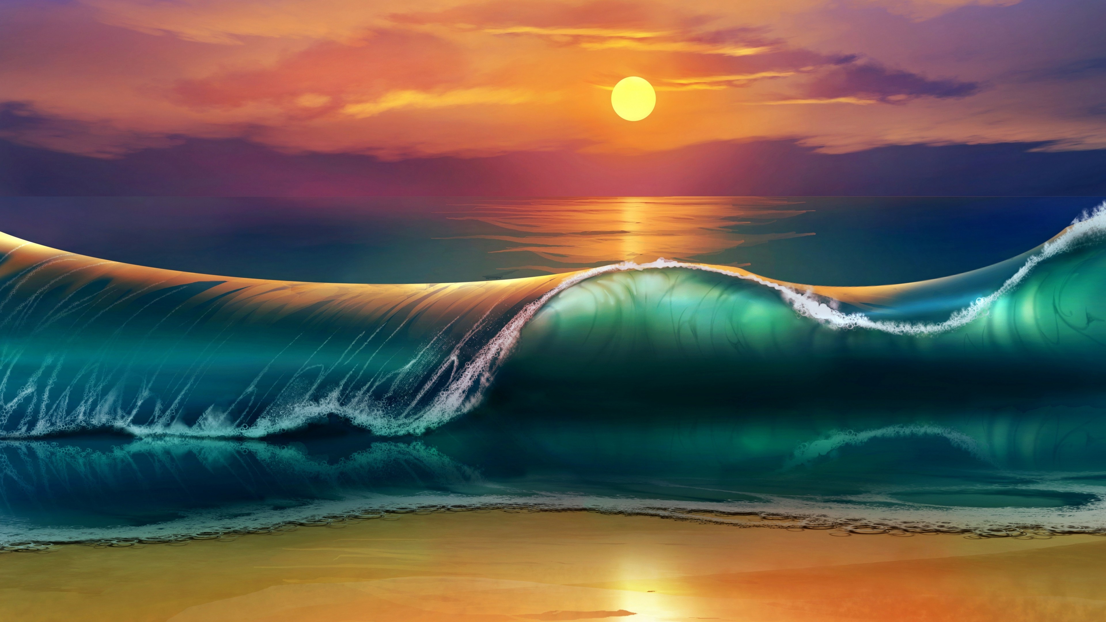 Onda, Spiaggia, Tramonto, Pittura digitale, 4K, wallpaper desktop