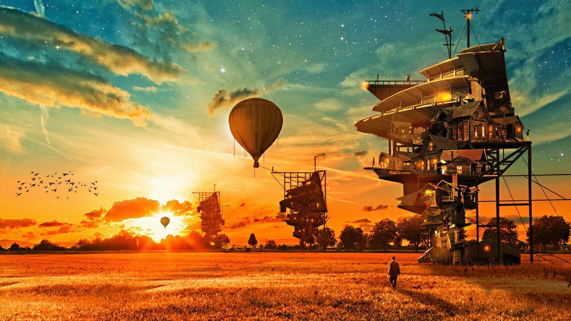 Mongolfiera, Torre, Tramonto, Steampunk, 1920x1080, sfondo per PC