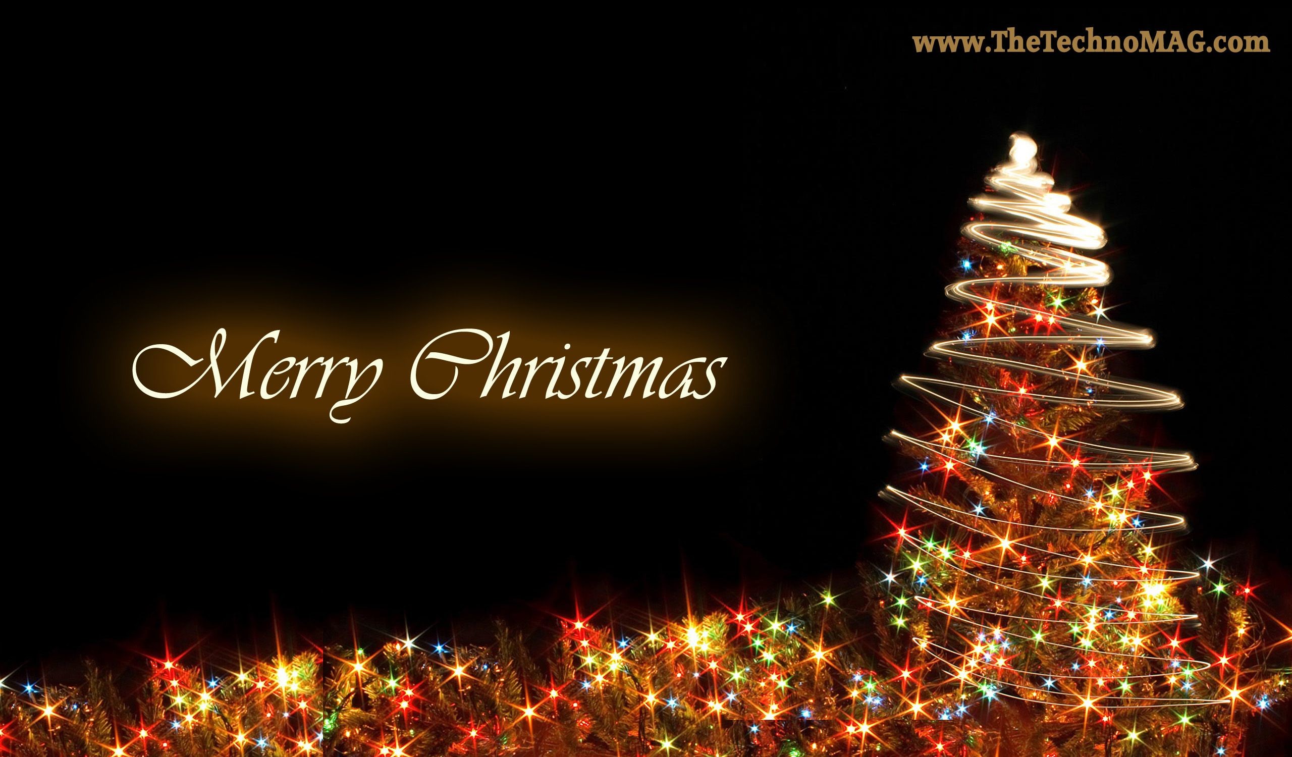 Merry Christmas, Albero di luci, Sfondo nero, Oro, 2K, wallpaper desktop