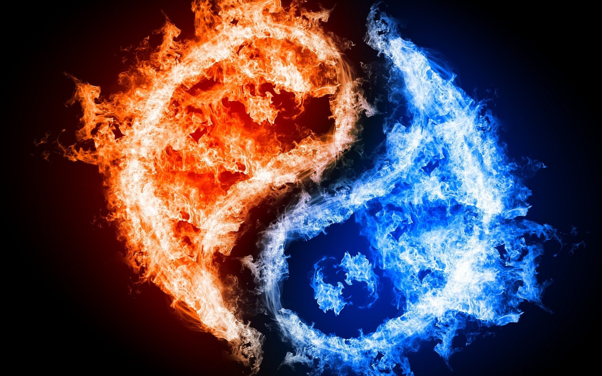 Yin e yang, Fuoco e ghiaccio, Fiamme, Blu, Rosso, Full HD, sfondo per portatile