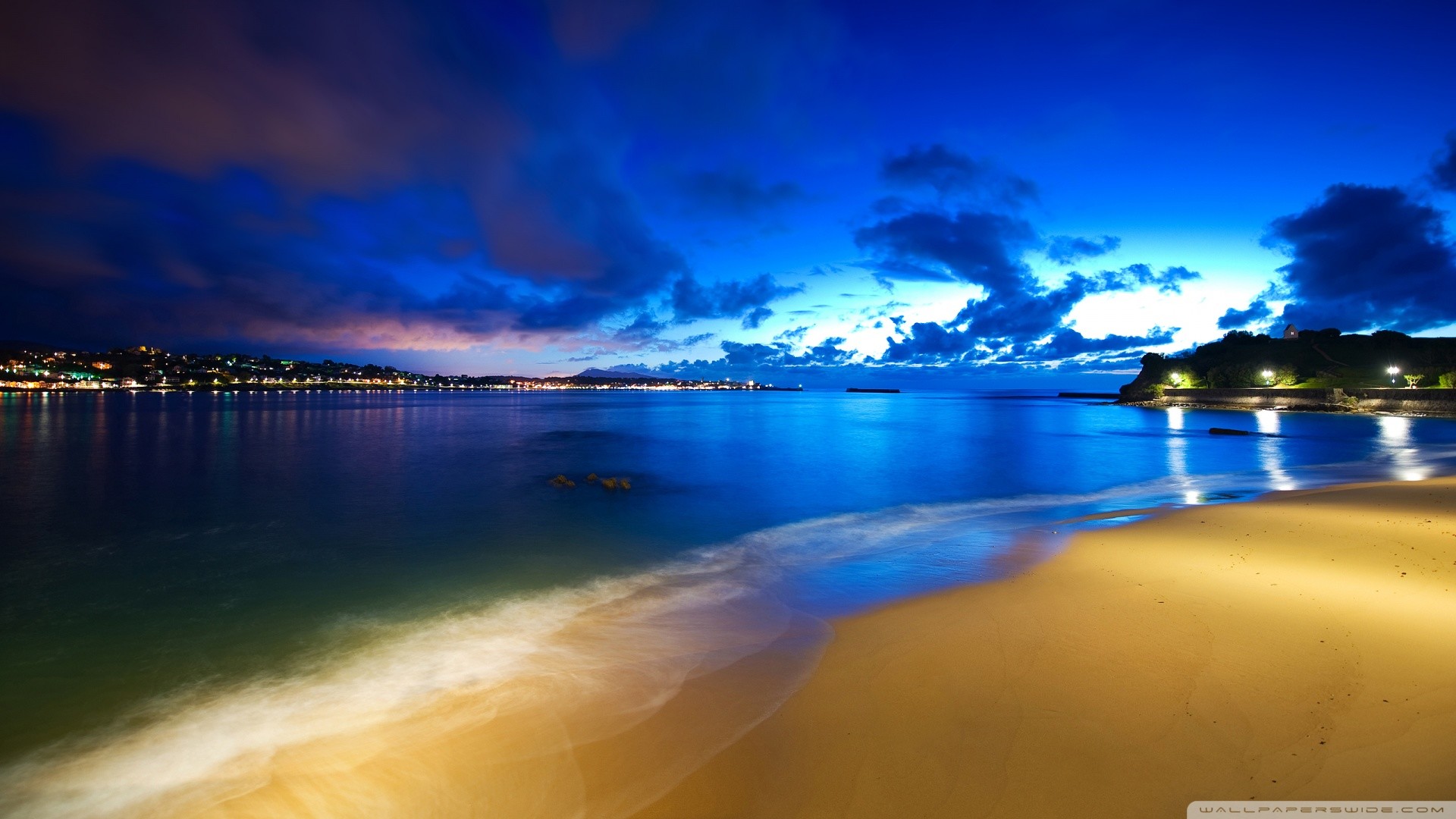 Baia, Spiaggia, Notte, Luci, Blu, Full HD, wallpaper per computer