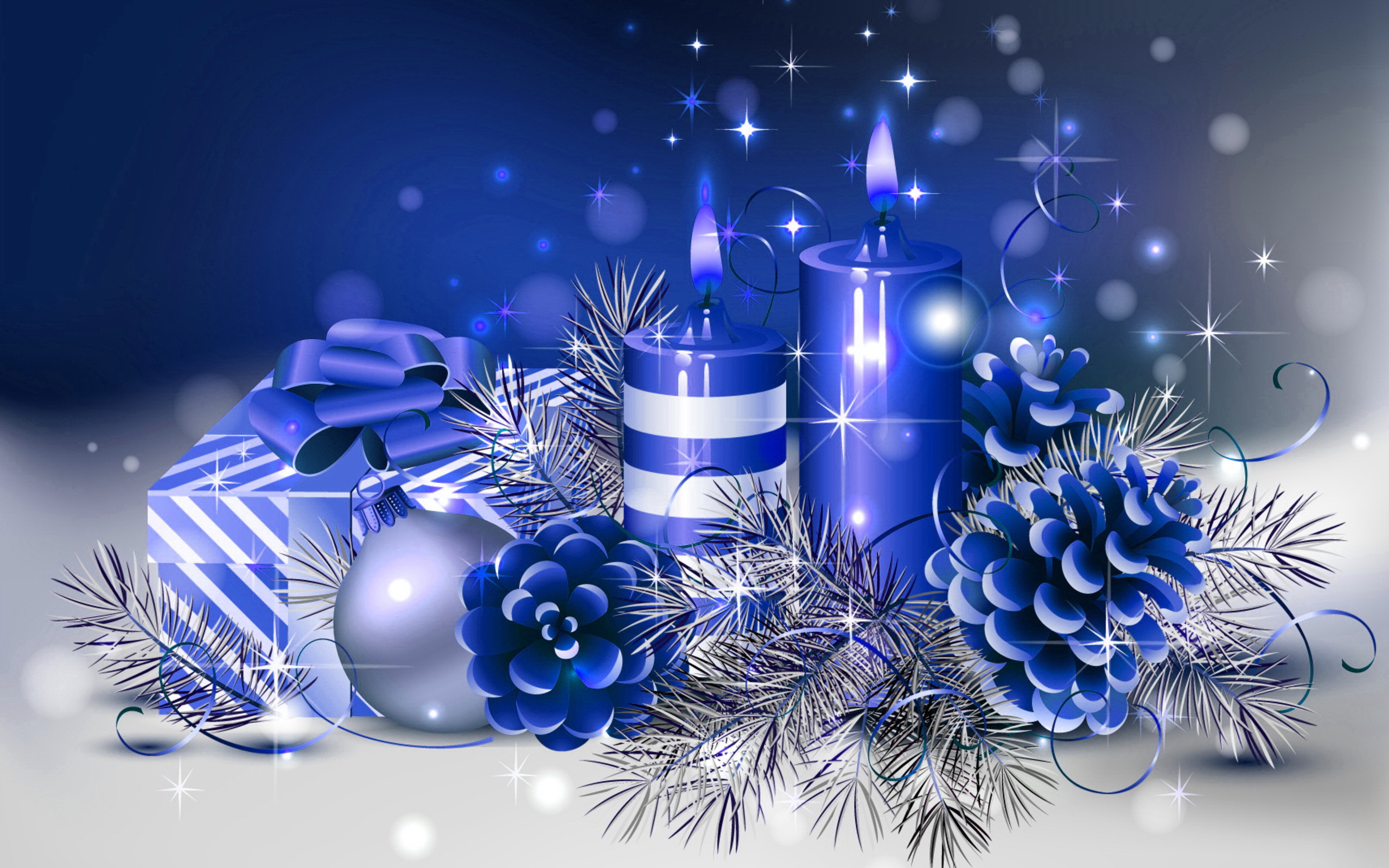 Candele blu, Pigne, Palline, Blu e argento, 2K 1600p, sfondo desktop