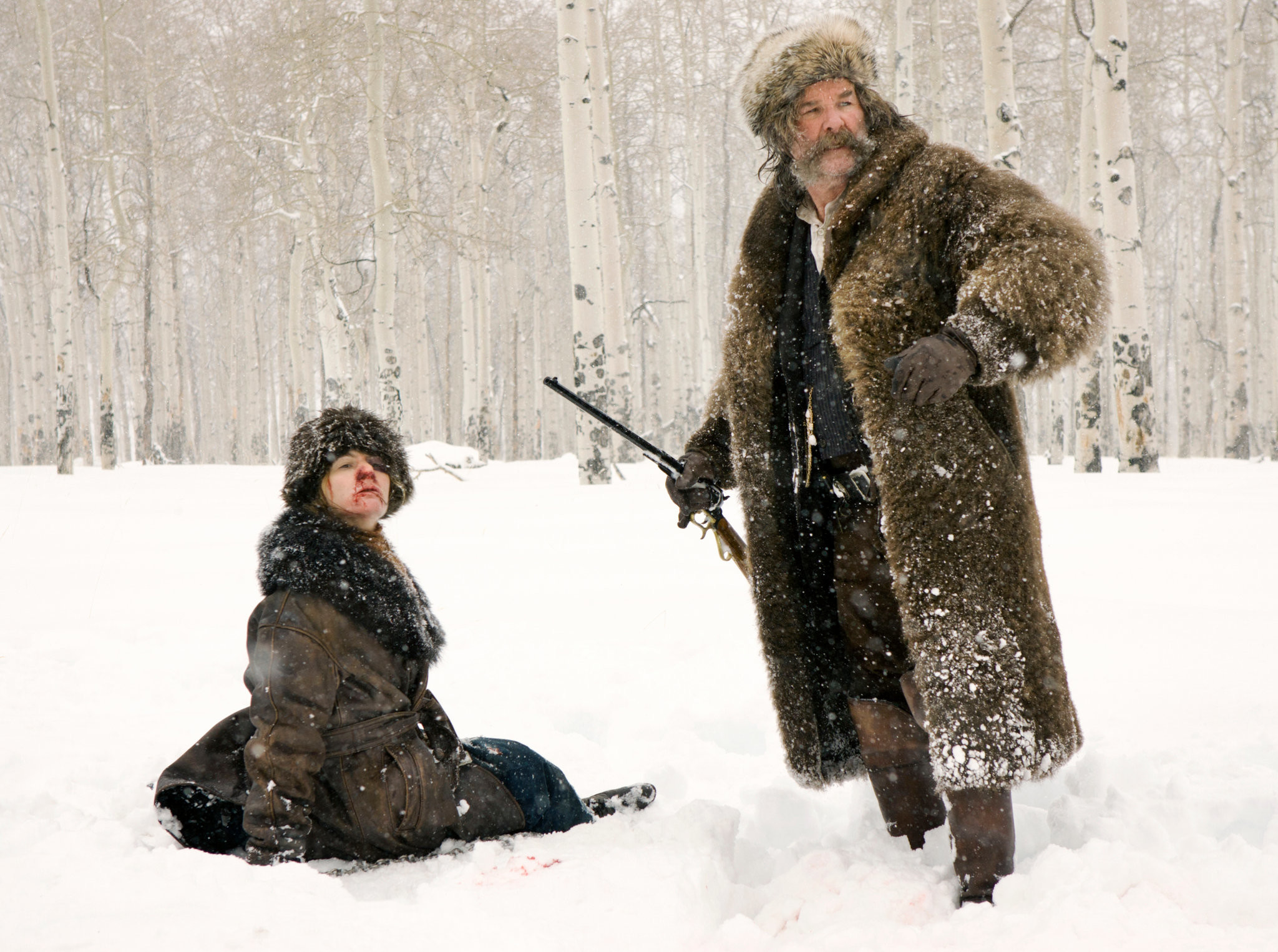 The Hateful Eight, Kurt Russell, Jennifer Jason Leigh, Neve, Fucile, sfondo iPad Full HD