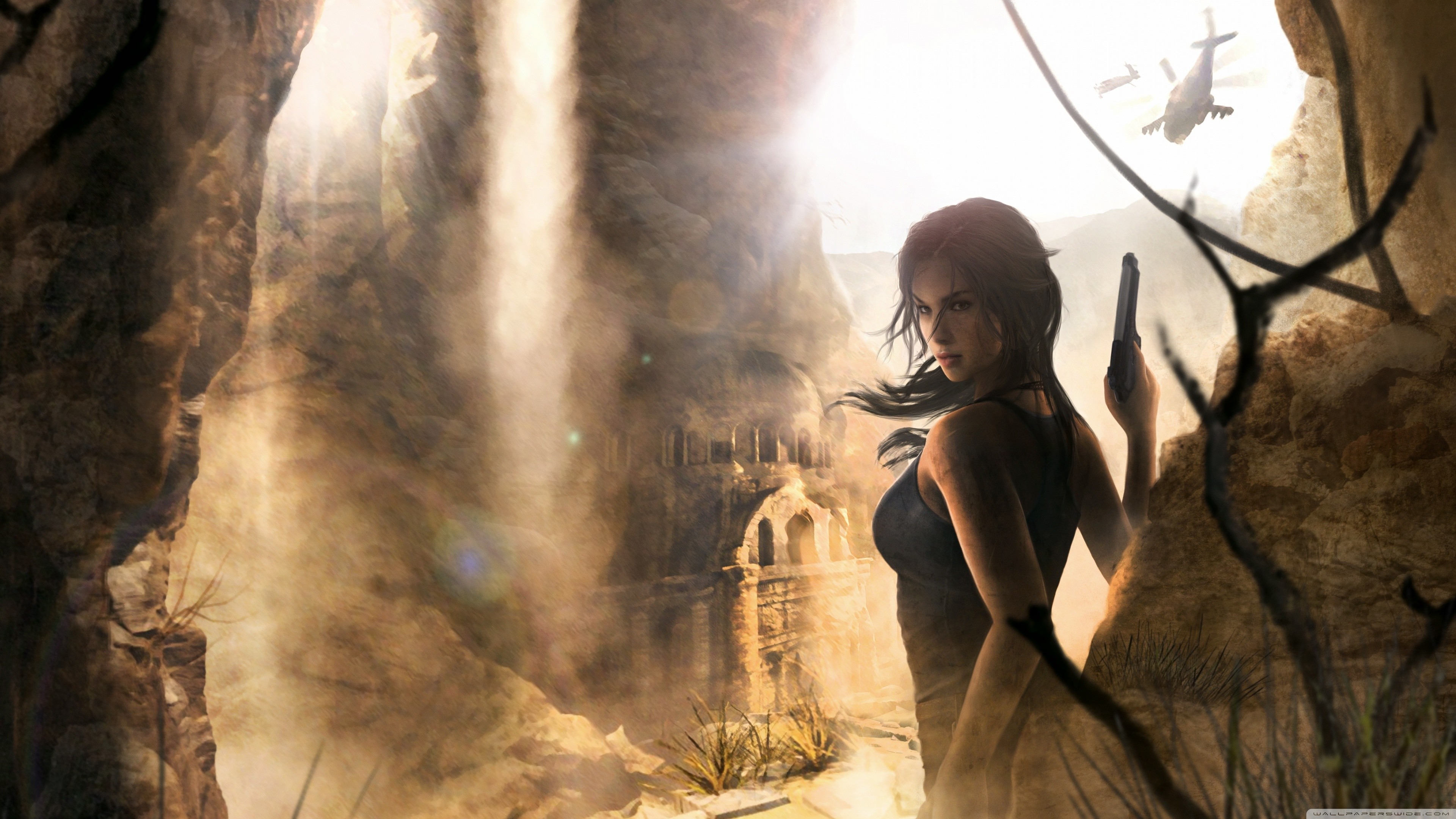 Lara Croft, Tomb Raider, Cascata, Rovine, Elicottero, 4K, sfondo per PC