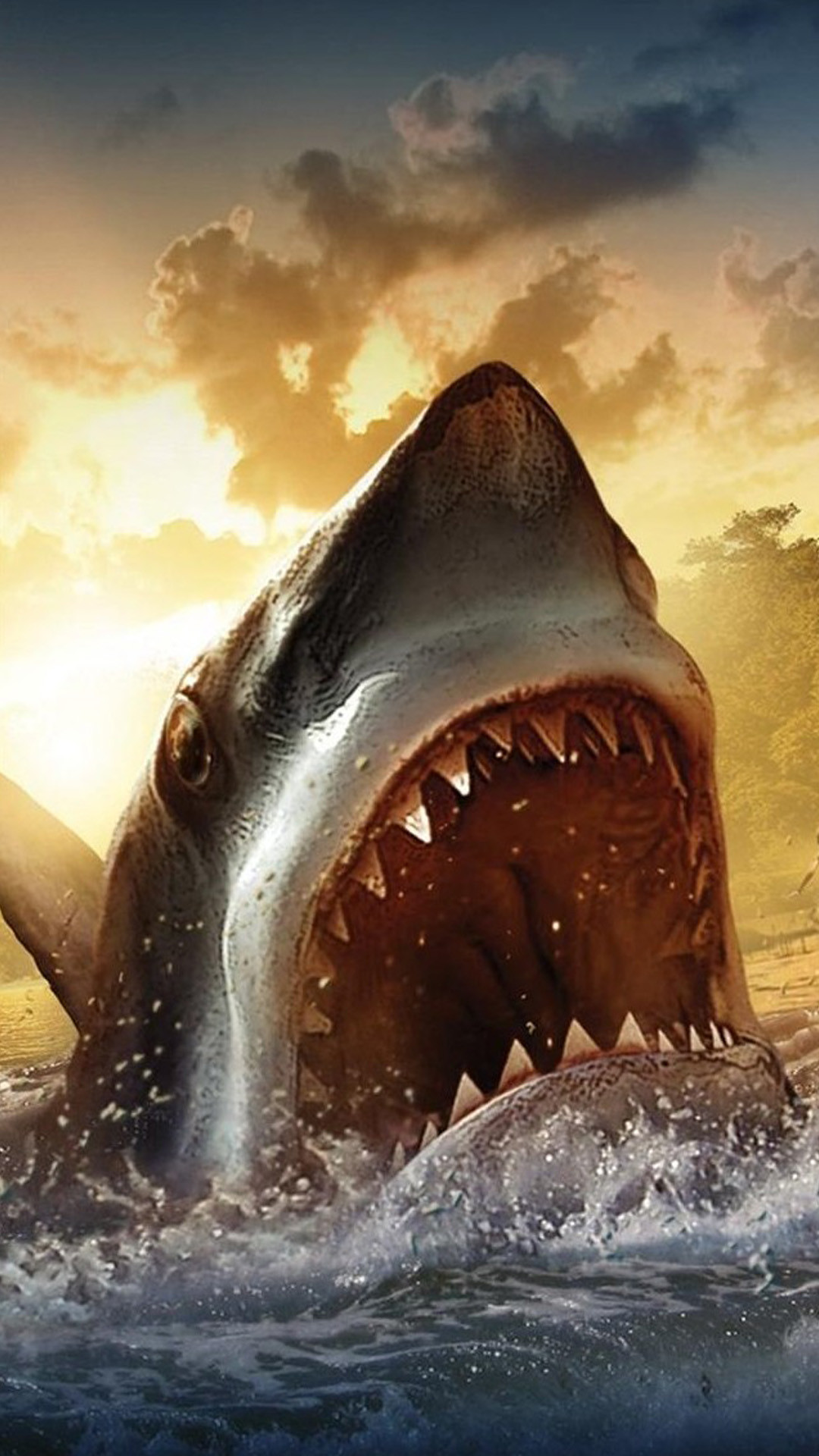 Squalo, Fauci, Mare in tempesta, Arte digitale, Full HD, sfondo per iPhone e Android