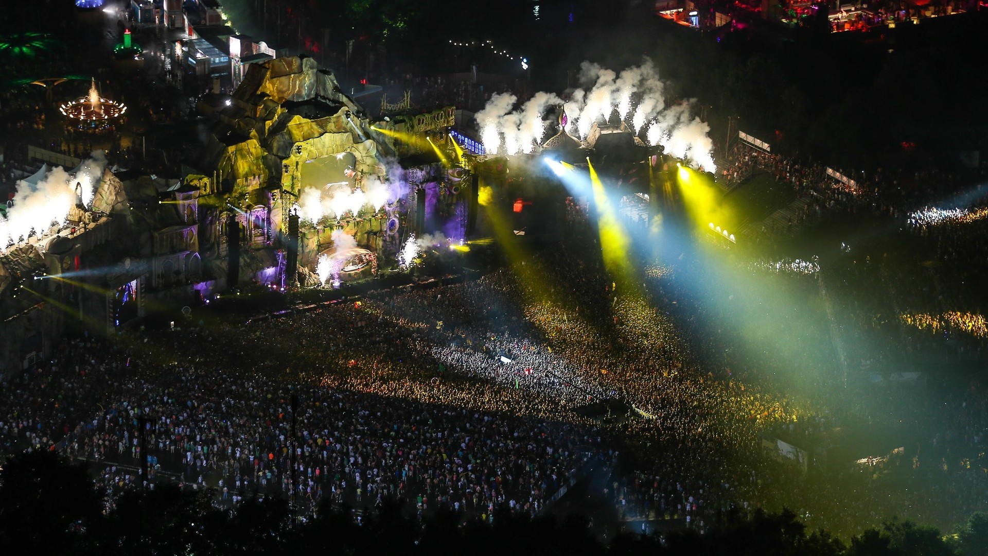 Tomorrowland, Main stage, Fasci di luce, Notte, Full HD, sfondo Windows 11