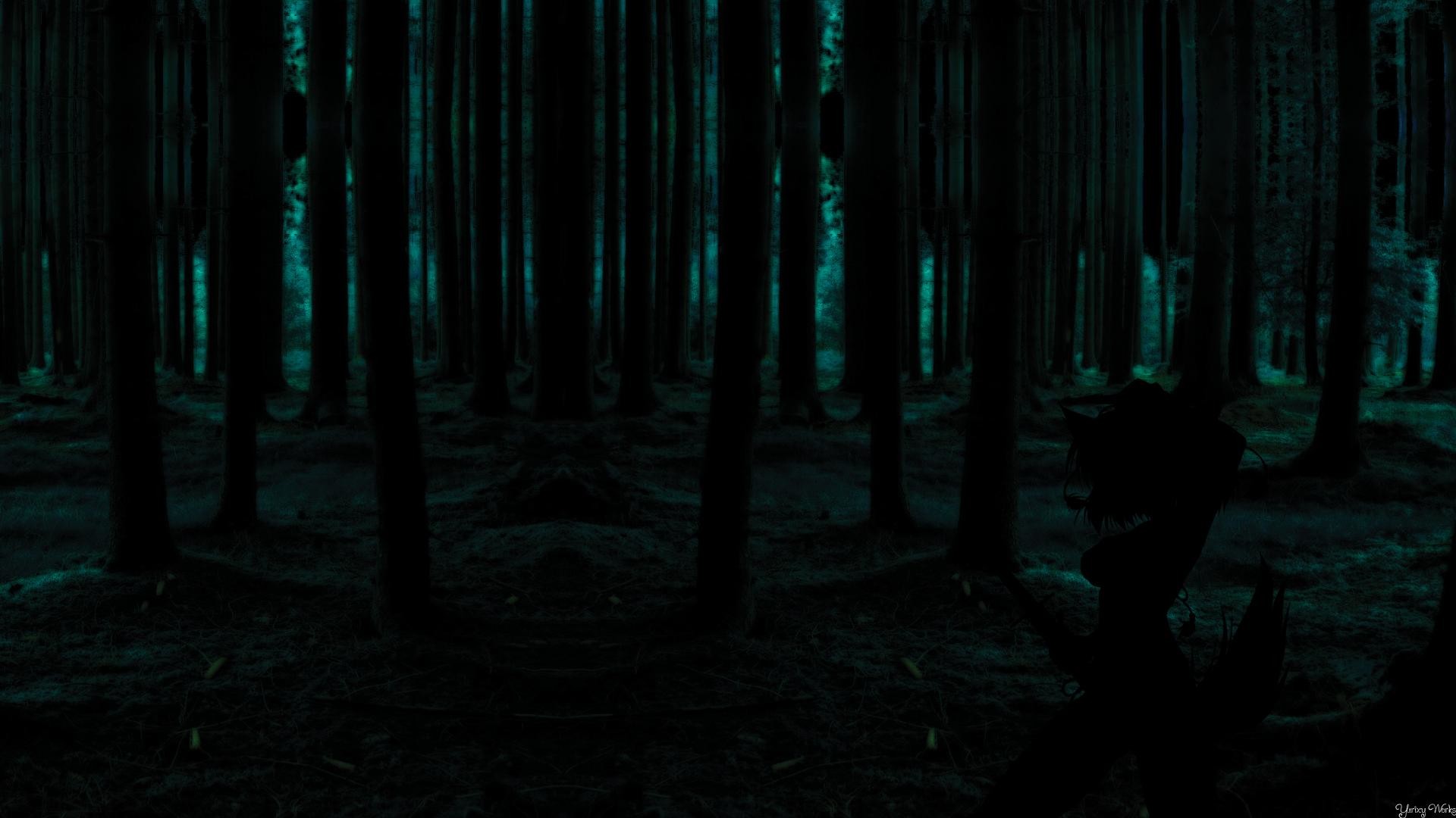 Foresta oscura, Toni verde acqua, Notte, Full HD, wallpaper per computer