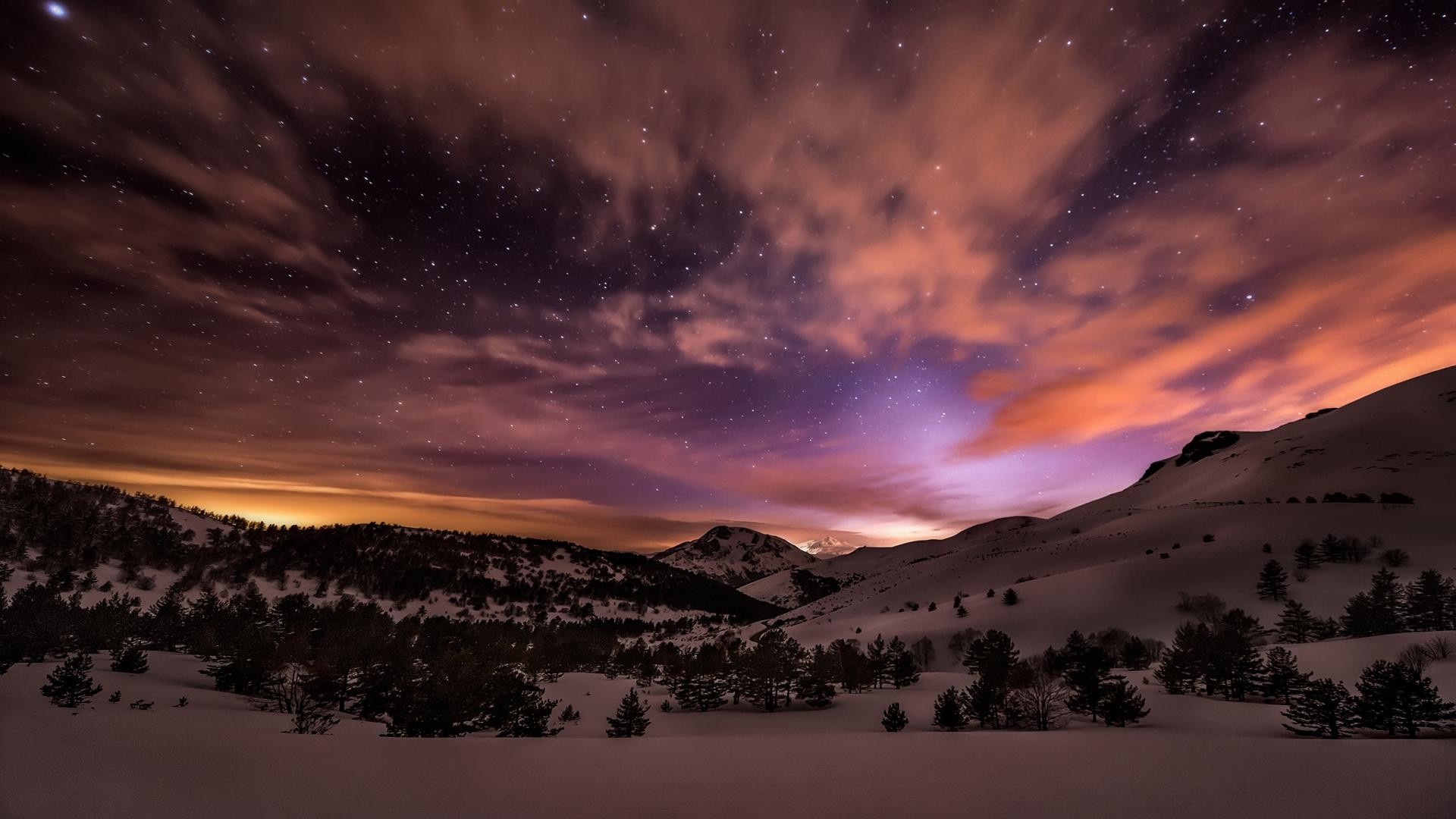 Cielo stellato, Montagne innevate, Nuvole, Notte, 1920x1080, sfondo per PC