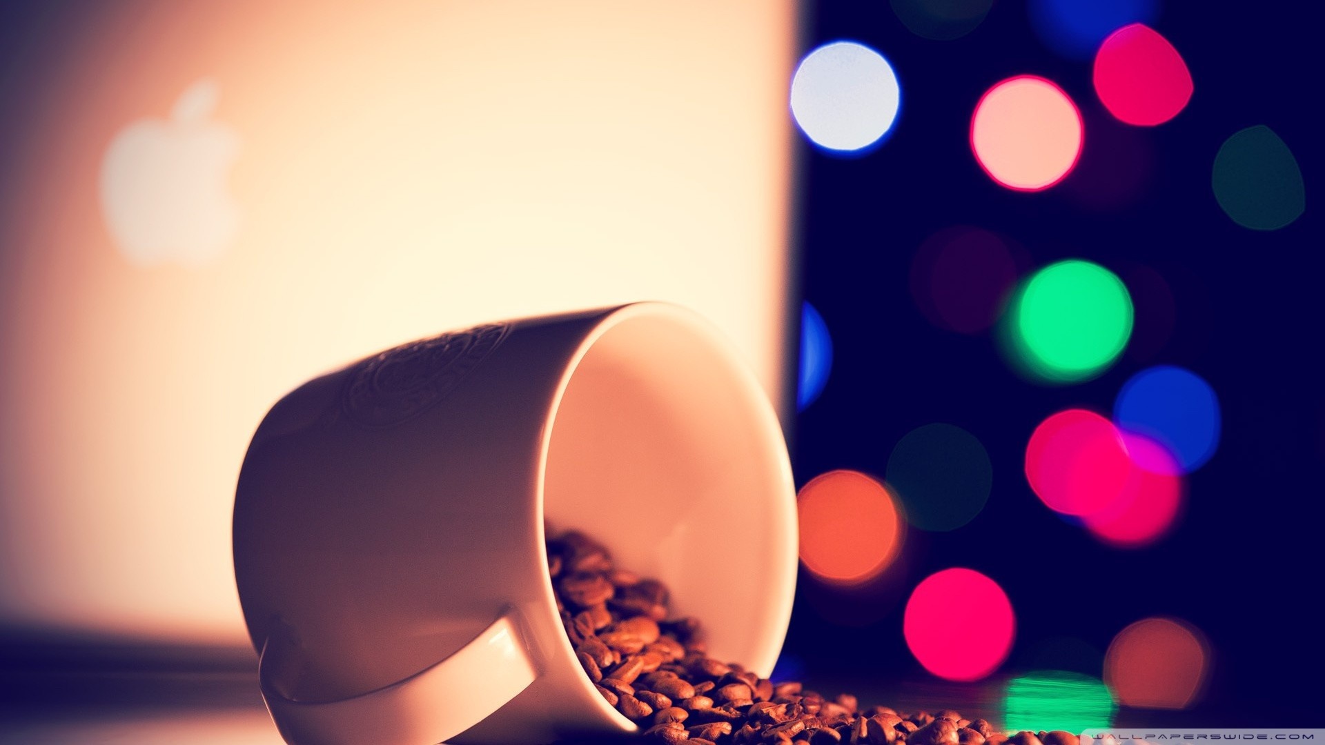 Tazza rovesciata, Chicchi di caffè, Bokeh, Luci colorate, 16:9 Full HD, sfondo widescreen