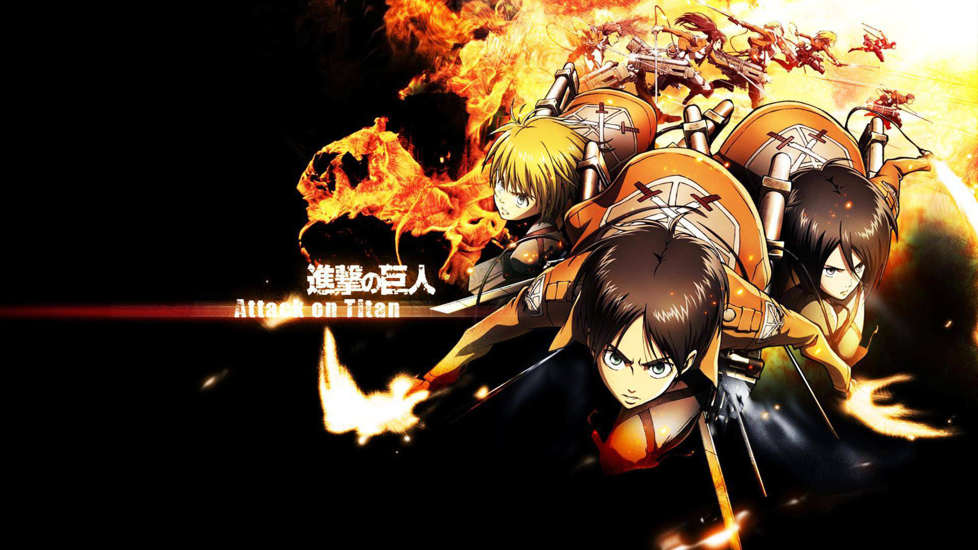 L'attacco dei giganti, Eren Jaeger, Armin Arlert, Mikasa Ackerman, Fuoco, sfondo widescreen Full HD