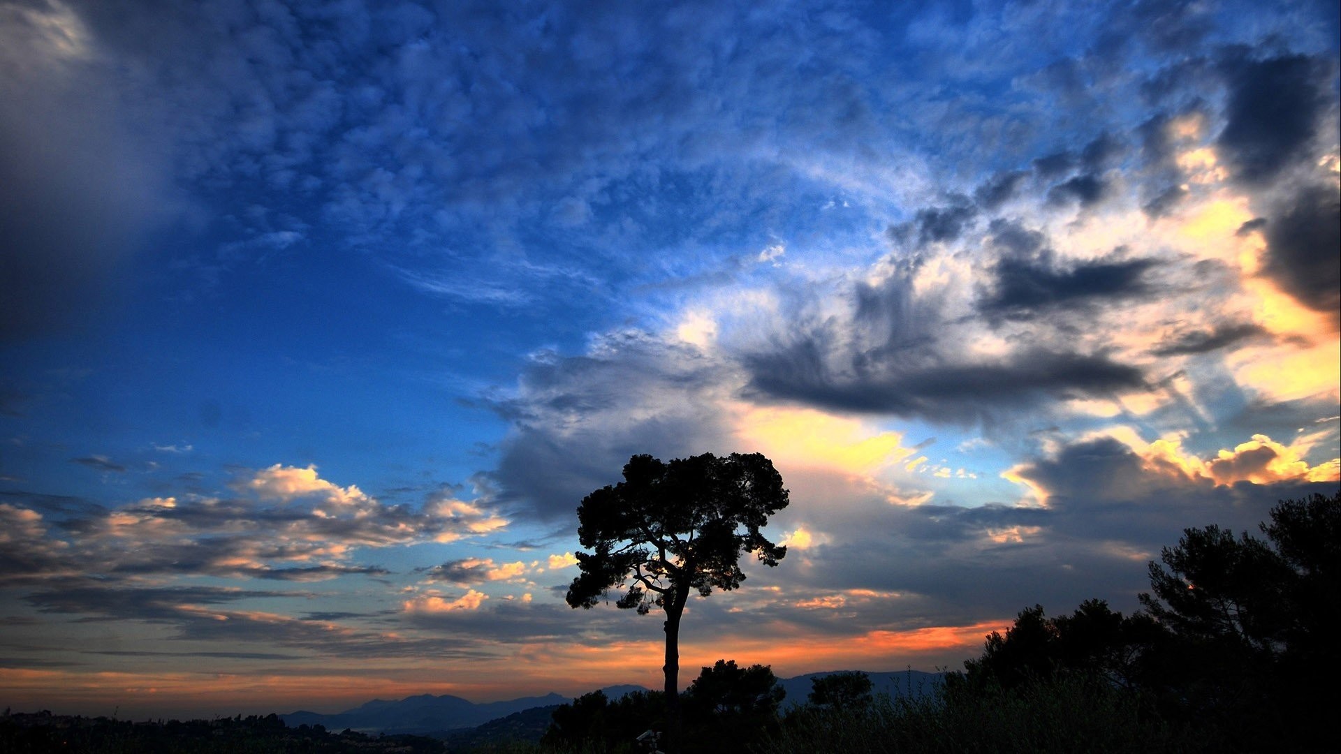 Nuvole, Tramonto, Albero, Silhouette, 1920x1080, sfondo per PC