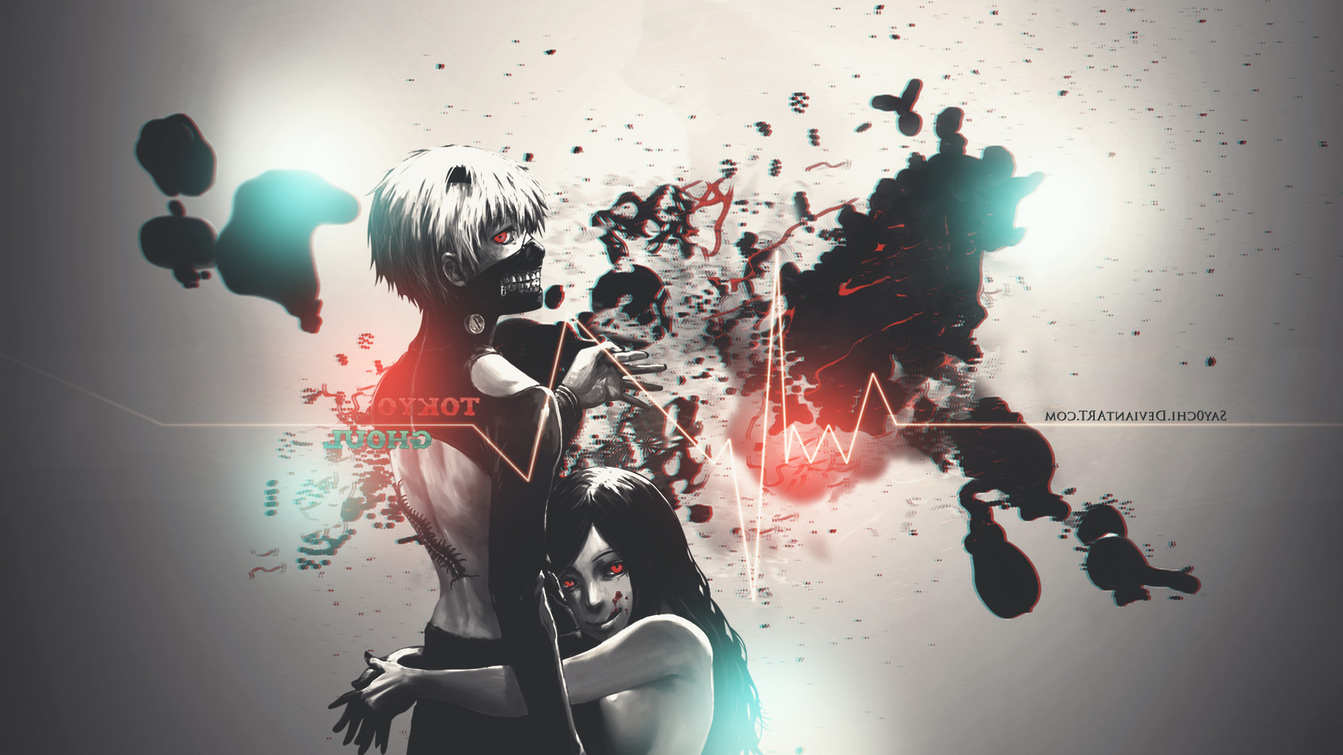 Ken Kaneki, Rize Kamishiro, Tokyo Ghoul, Schizzi d'inchiostro, 1920x1080, immagine di sfondo