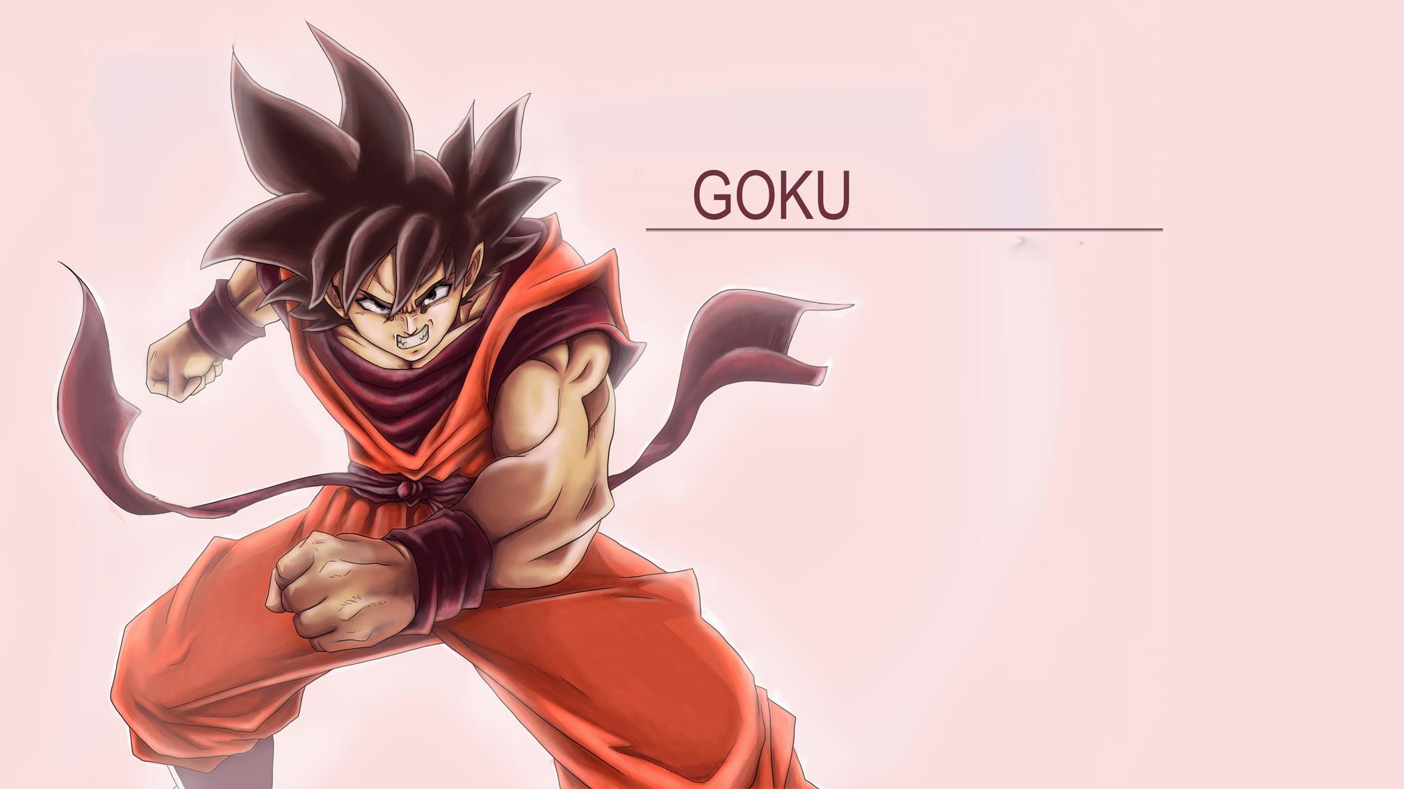Son Goku, Dragon Ball Z, Posa di combattimento, Sfondo rosa, Arte digitale, wallpaper desktop Full HD