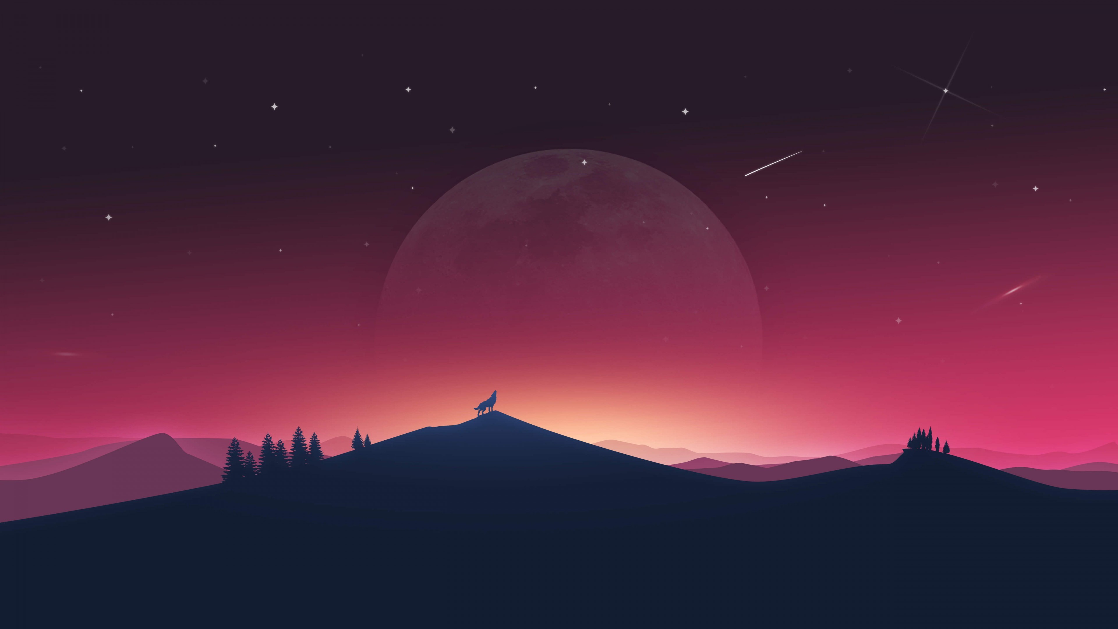 Firewatch, Luna, Cielo stellato, Lupo, Rosa, 4K, sfondo desktop