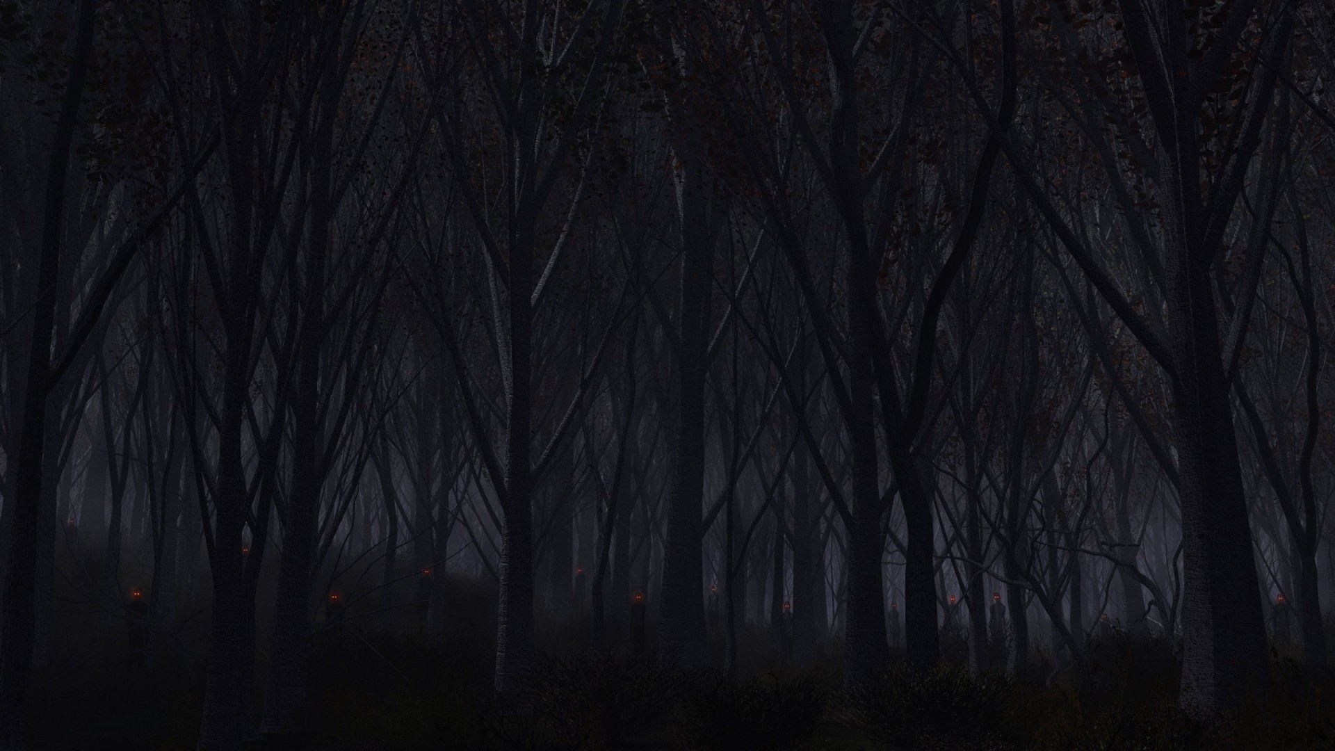 Foresta oscura, Alberi spogli, Buio, Full HD, sfondo Windows 11
