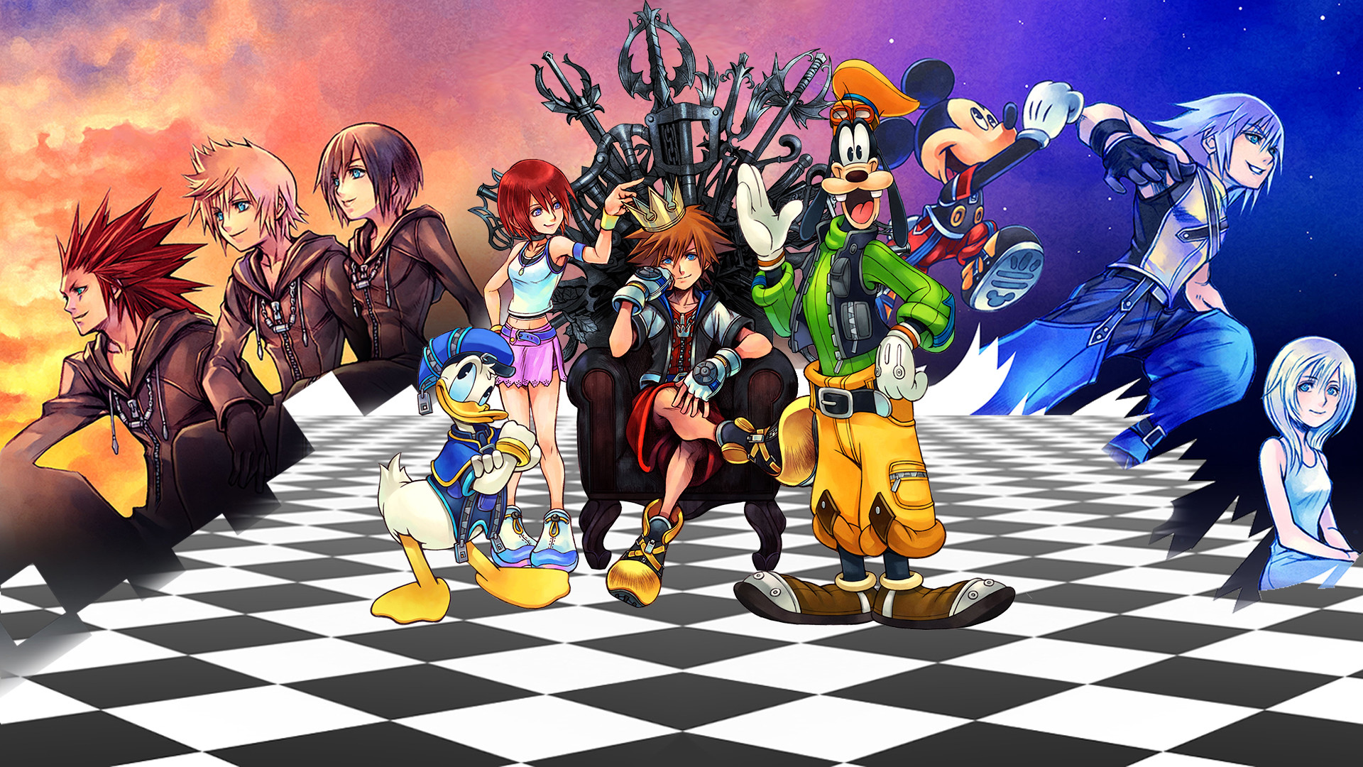 Kingdom Hearts, Sora, Topolino, Paperino, Pippo, Axel, Riku, Pavimento a scacchi, sfondo desktop