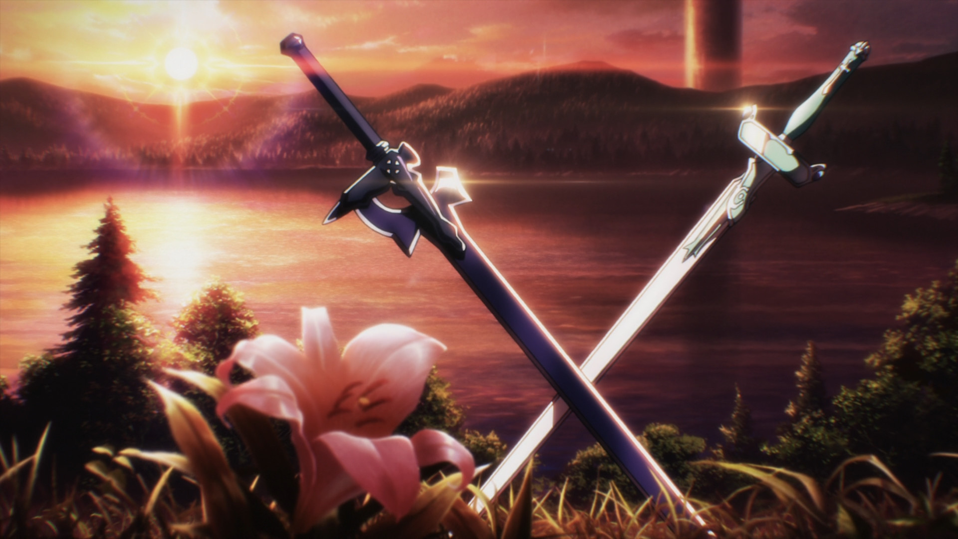 Elucidator, Dark Repulser, Sword Art Online, Spade, Tramonto, Giglio, wallpaper 1920x1080
