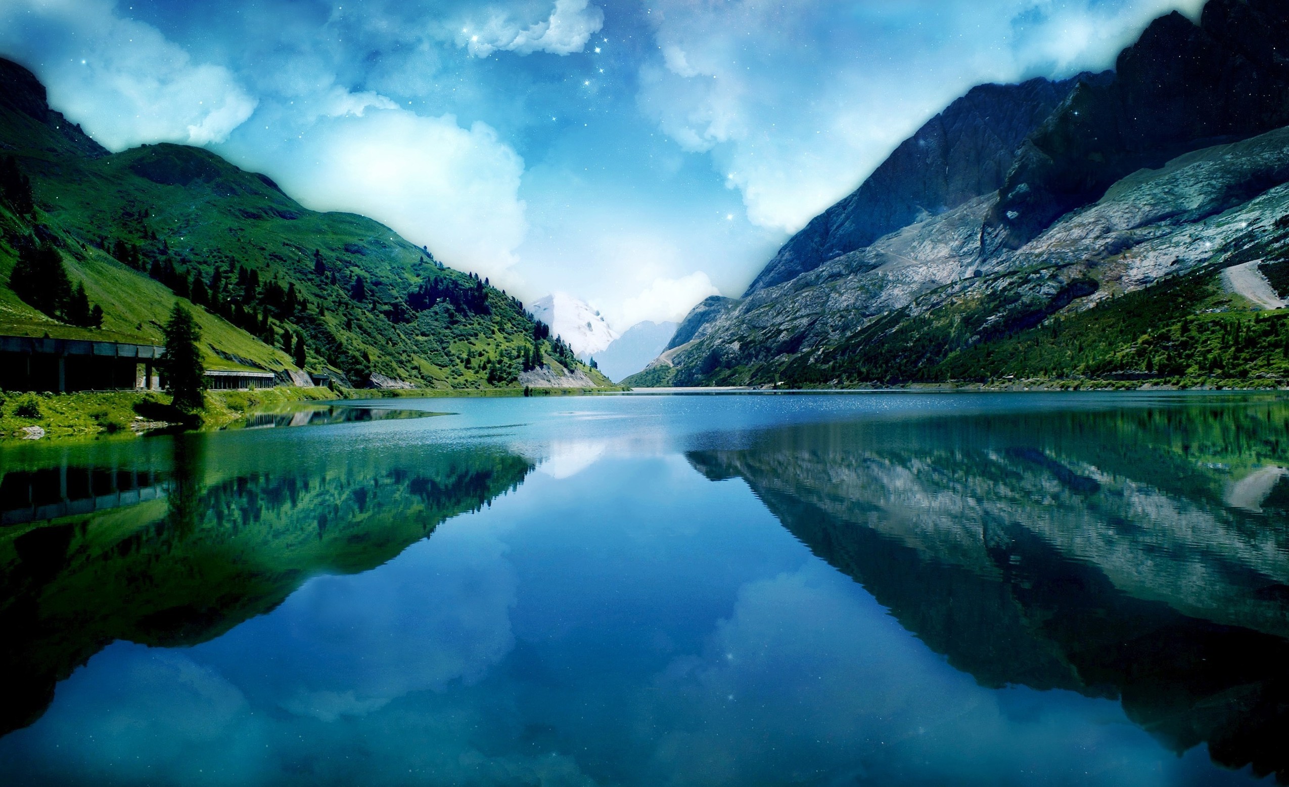 Lago di montagna, Montagne, Riflesso, Cielo, Full HD, sfondo PC