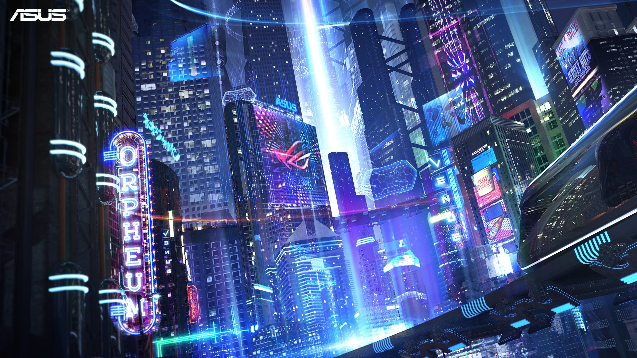 Asus ROG, Città cyberpunk, Neon, Notte, 2K 1440p, sfondo desktop