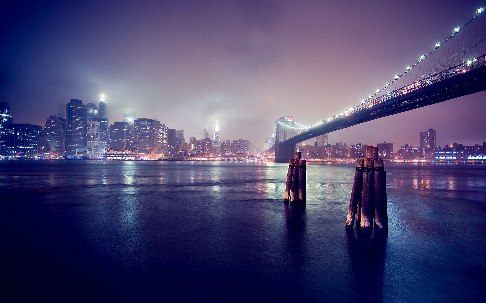 Ponte di Brooklyn, Manhattan, New York, Nebbia, Notte, 1920x1200, immagine di sfondo
