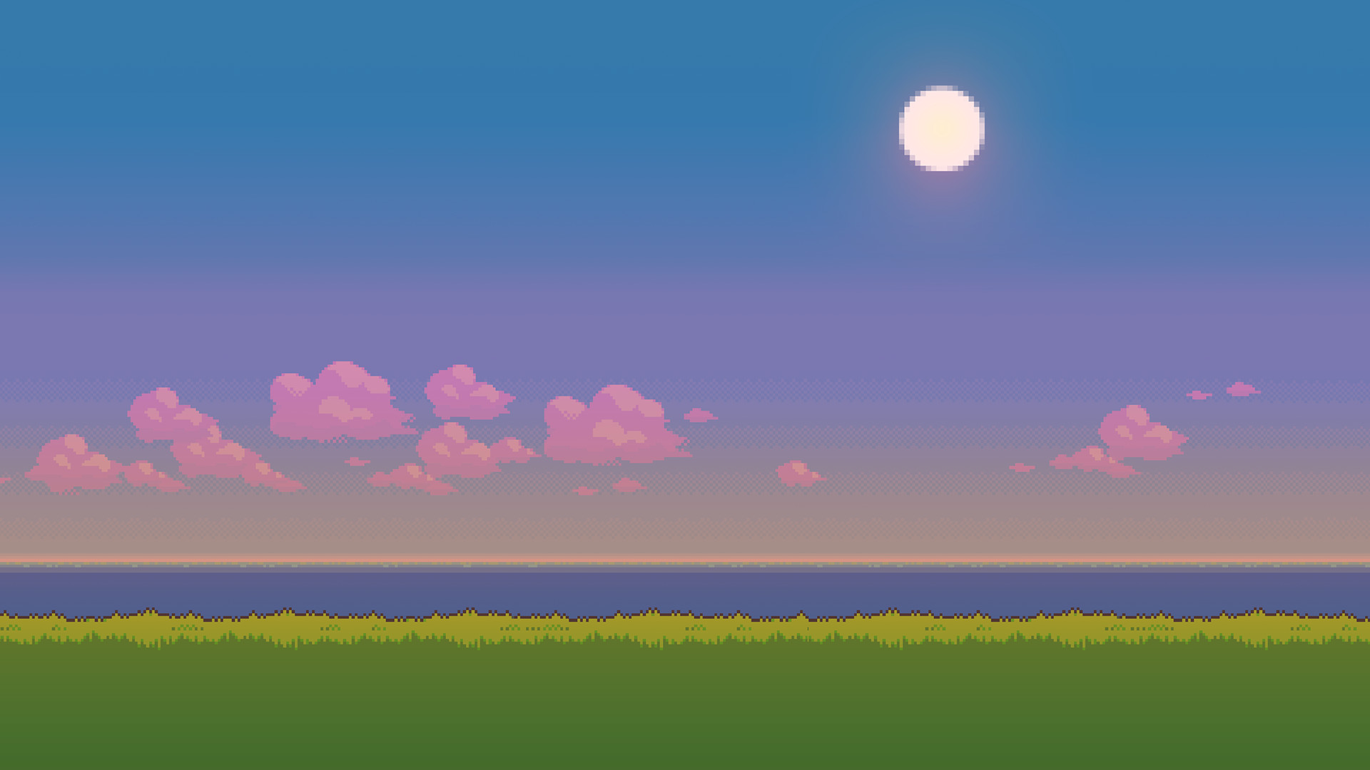 Pixel art, Luna, Nuvole rosa, Prato, 1920x1080, immagine di sfondo