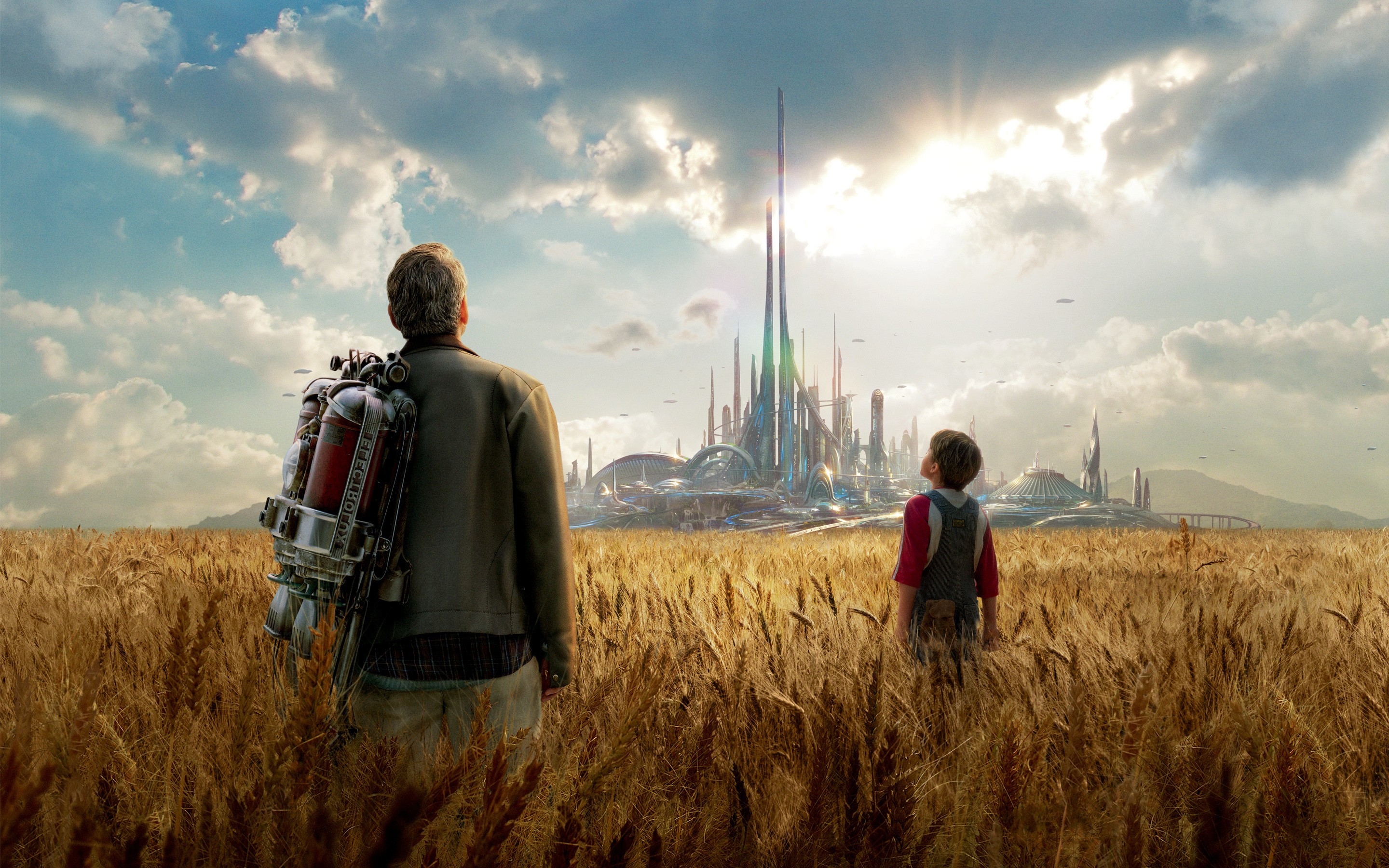 Tomorrowland, Disney, Campo di grano, Città futuristica, Jetpack, sfondo 16:10 2K