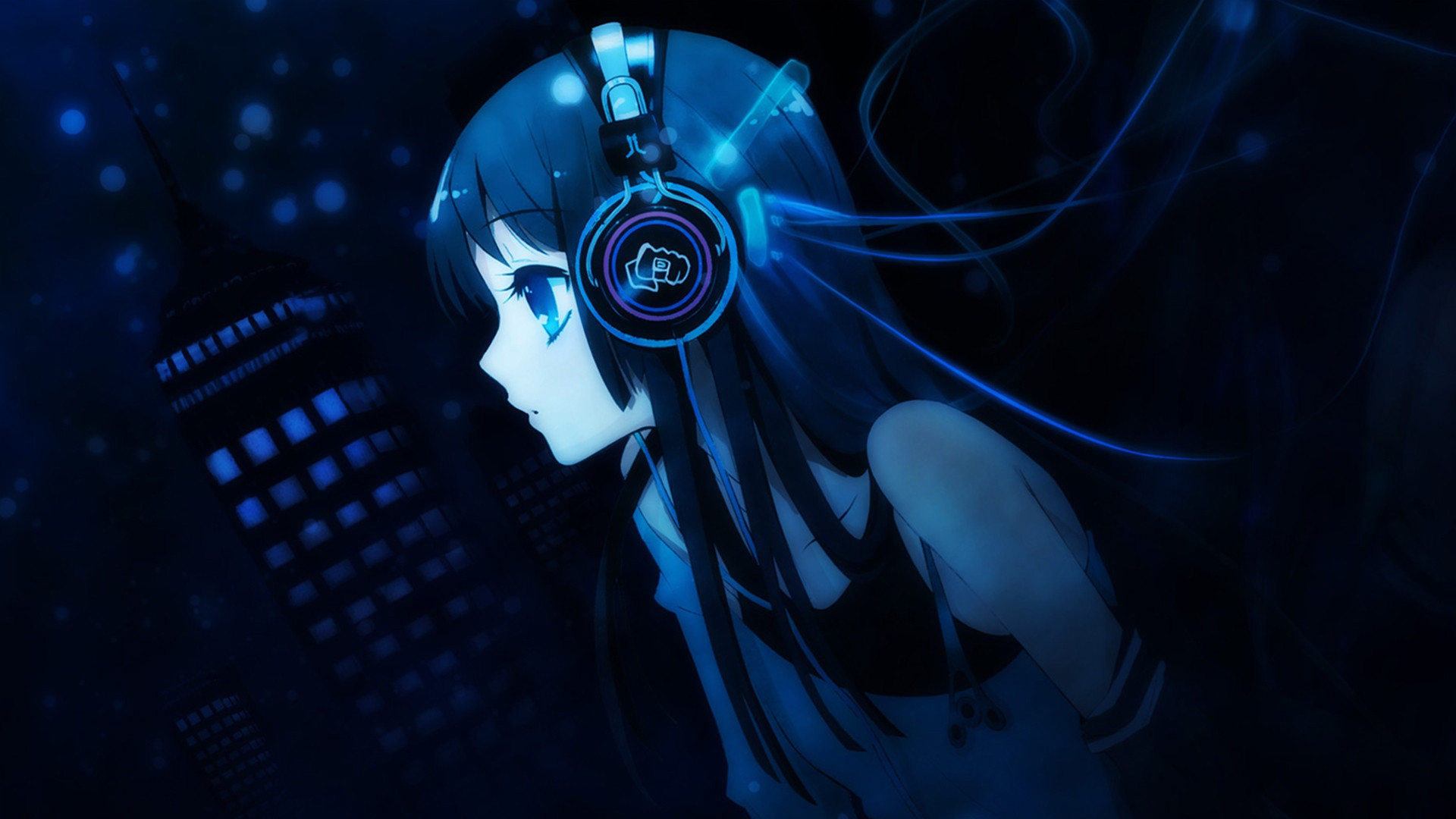 Ragazza anime, Cuffie, Blu, Notte, Full HD 1080p, sfondo desktop