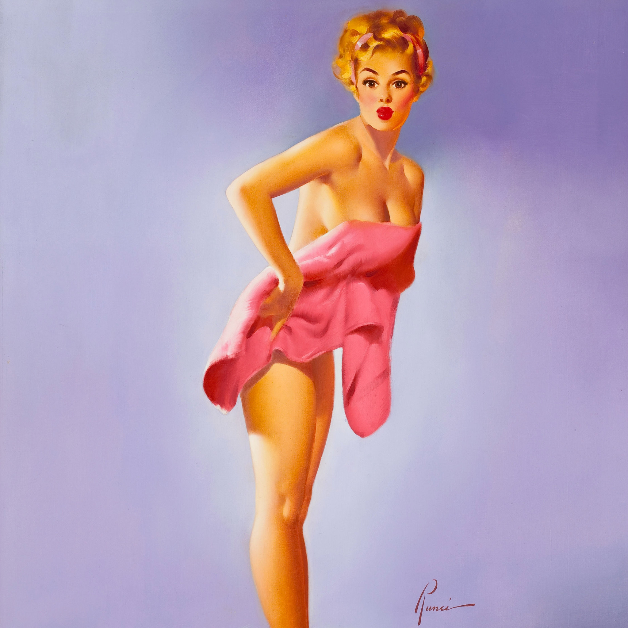 Pin-up, Ragazza rossa, Asciugamano rosa, Dipinto, Full HD, sfondo per iPad e tablet