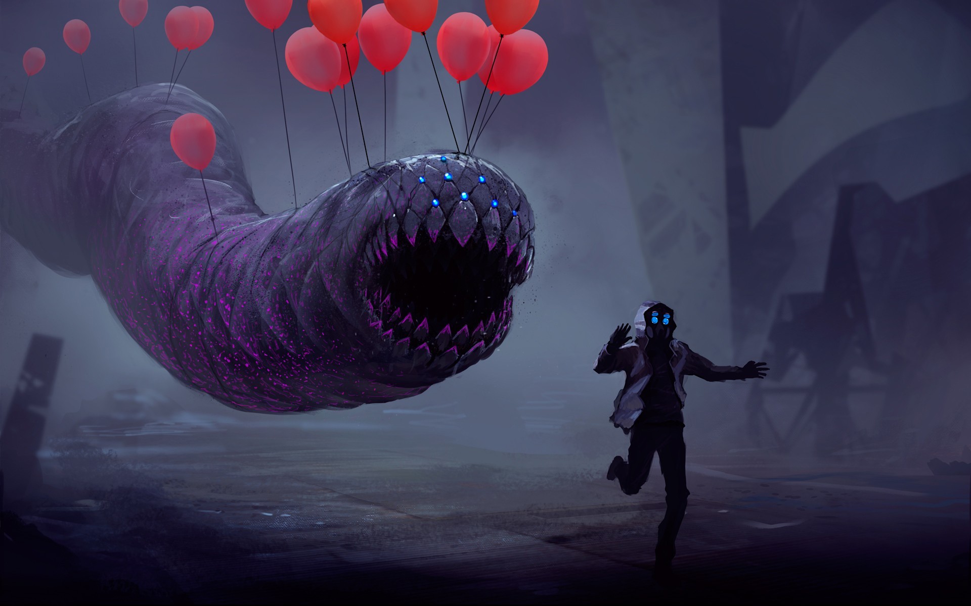 Mostro, Palloncini rossi, Fantasy, Arte digitale, Inseguimento, Full HD, sfondo per PC e portatile