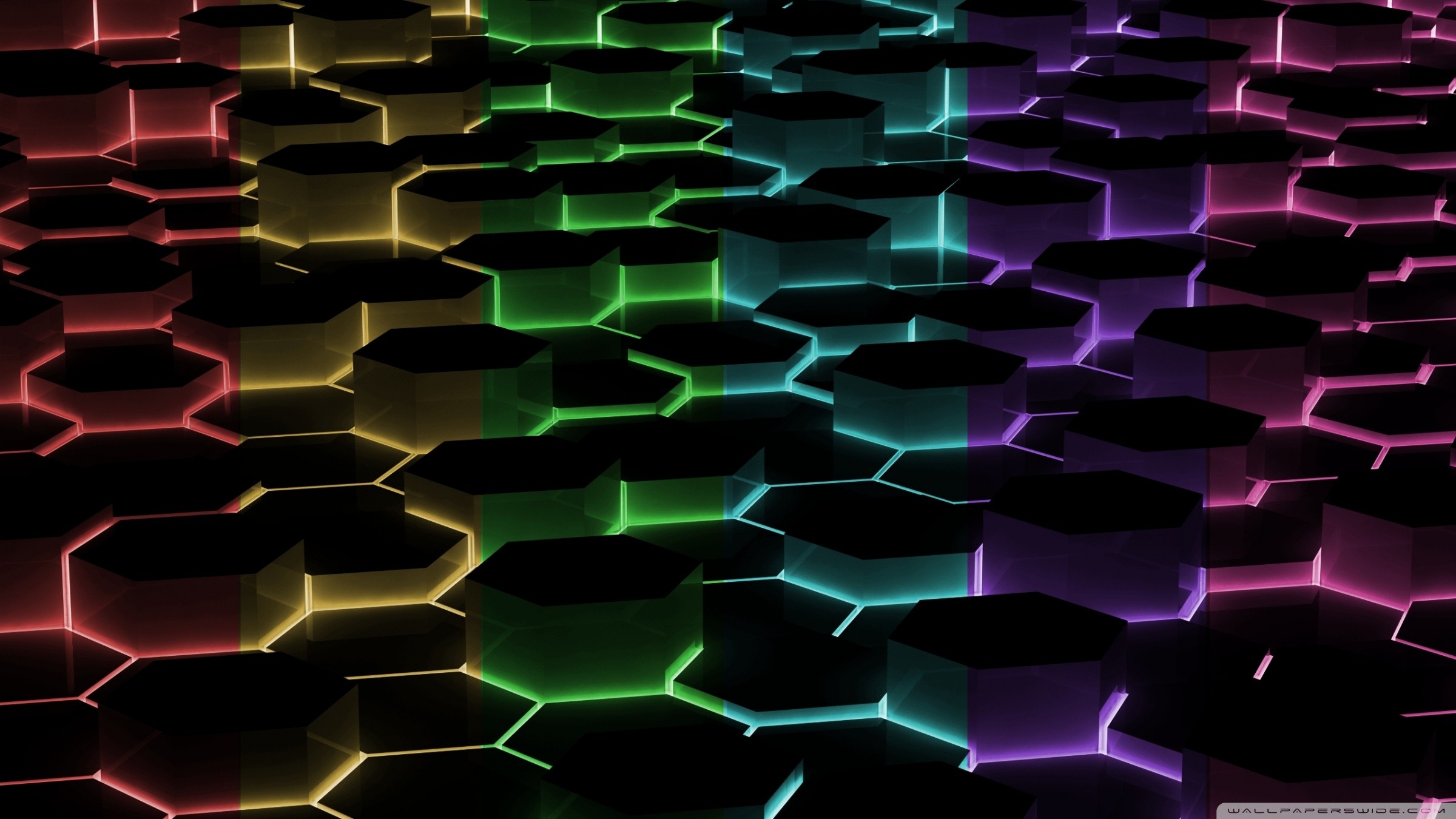 Esagoni, Neon, Arcobaleno, Rendering 3D, 16:9 Full HD, sfondo widescreen