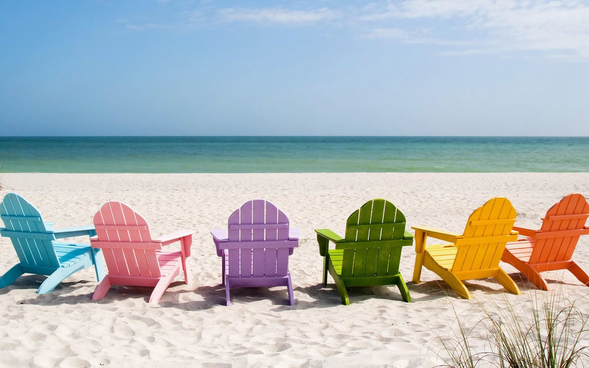 Sedie Adirondack, Sedie colorate, Spiaggia, Mare, 16:10 Full HD, sfondo widescreen