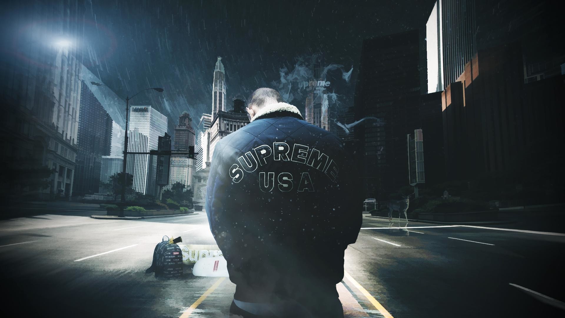 Supreme, Giacca, Città, Notte, Pioggia, 16:9 Full HD, sfondo widescreen