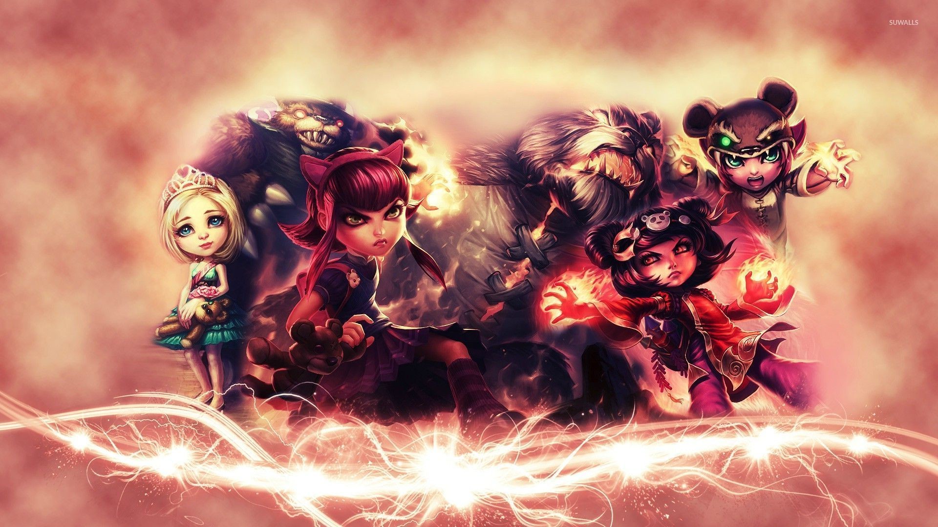 Annie, Tibbers, Lux, Amumu, League of Legends, Chibi, 16:9 Full HD, sfondo widescreen
