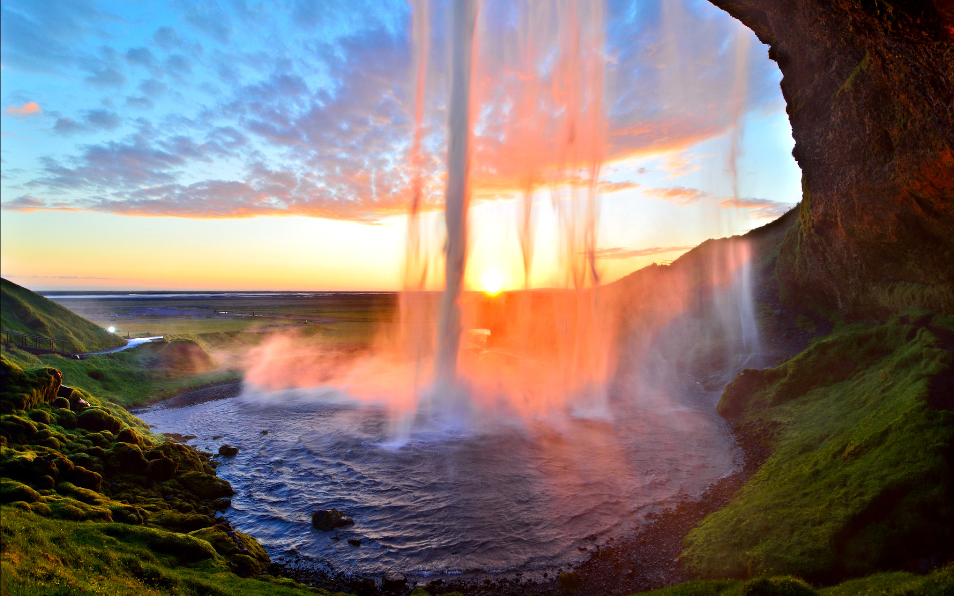 Seljalandsfoss, Islanda, Cascata, Tramonto, 16:10 Full HD, sfondo widescreen