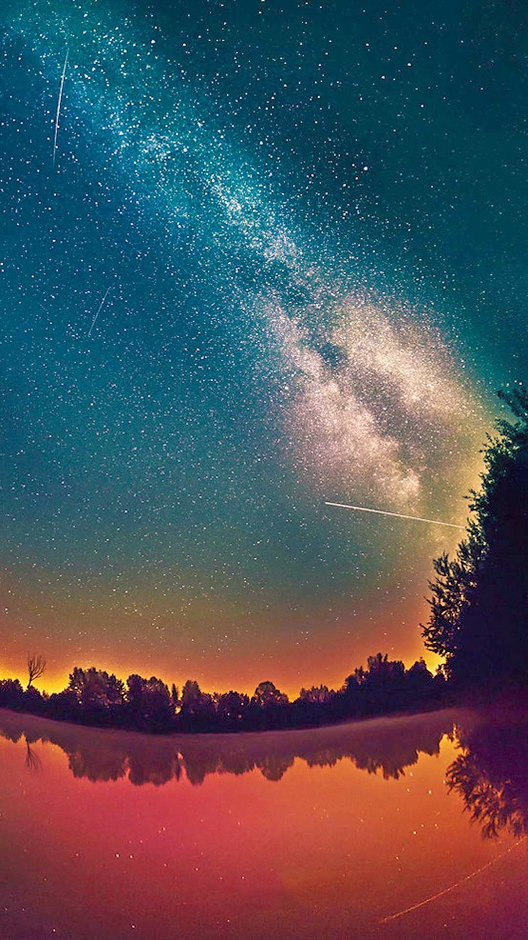 Via Lattea, Lago, Tramonto, Cielo stellato, sfondo iPhone 6S