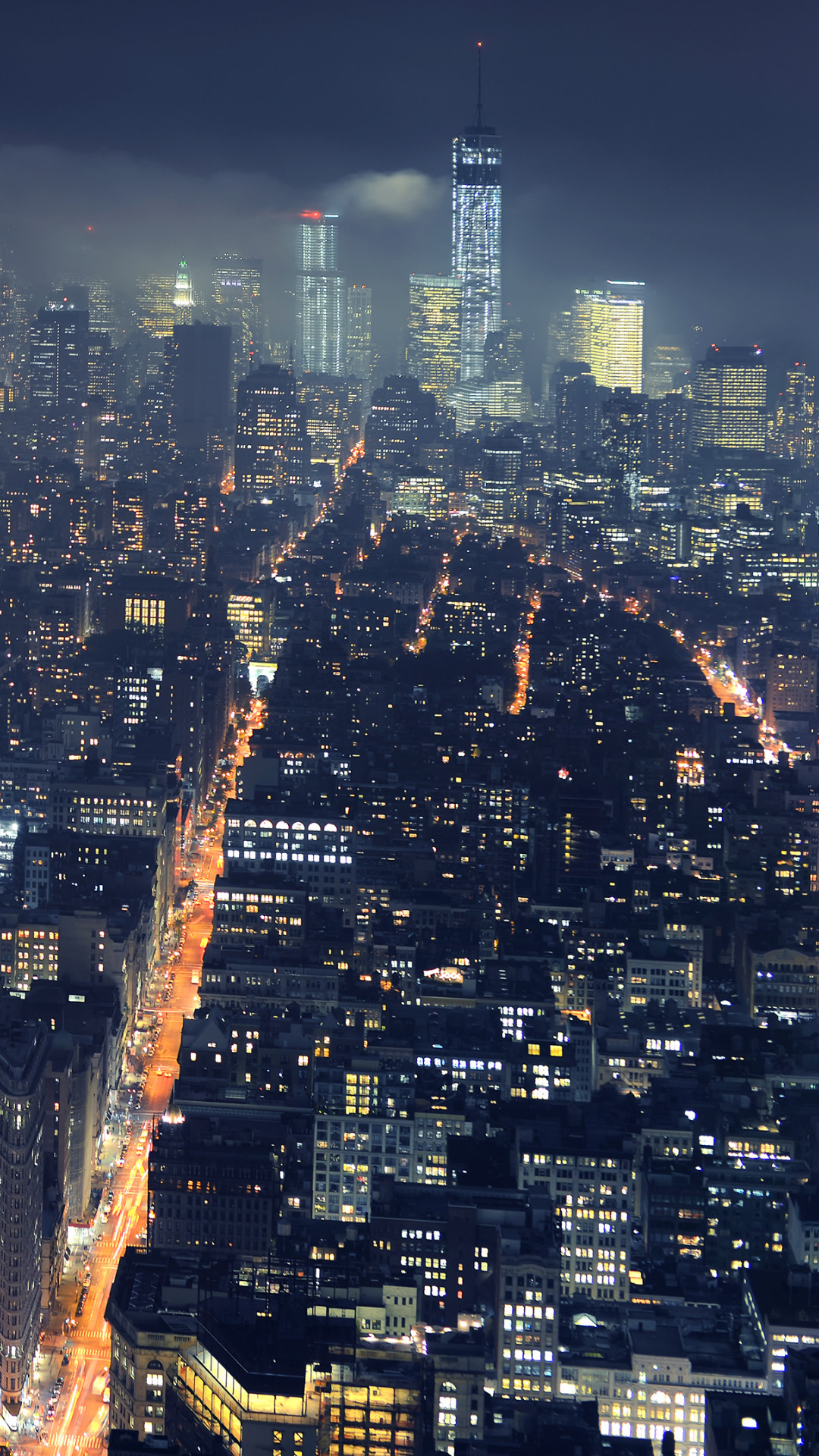 New York, Città notturna, Grattacieli, Veduta aerea, sfondo per cellulare