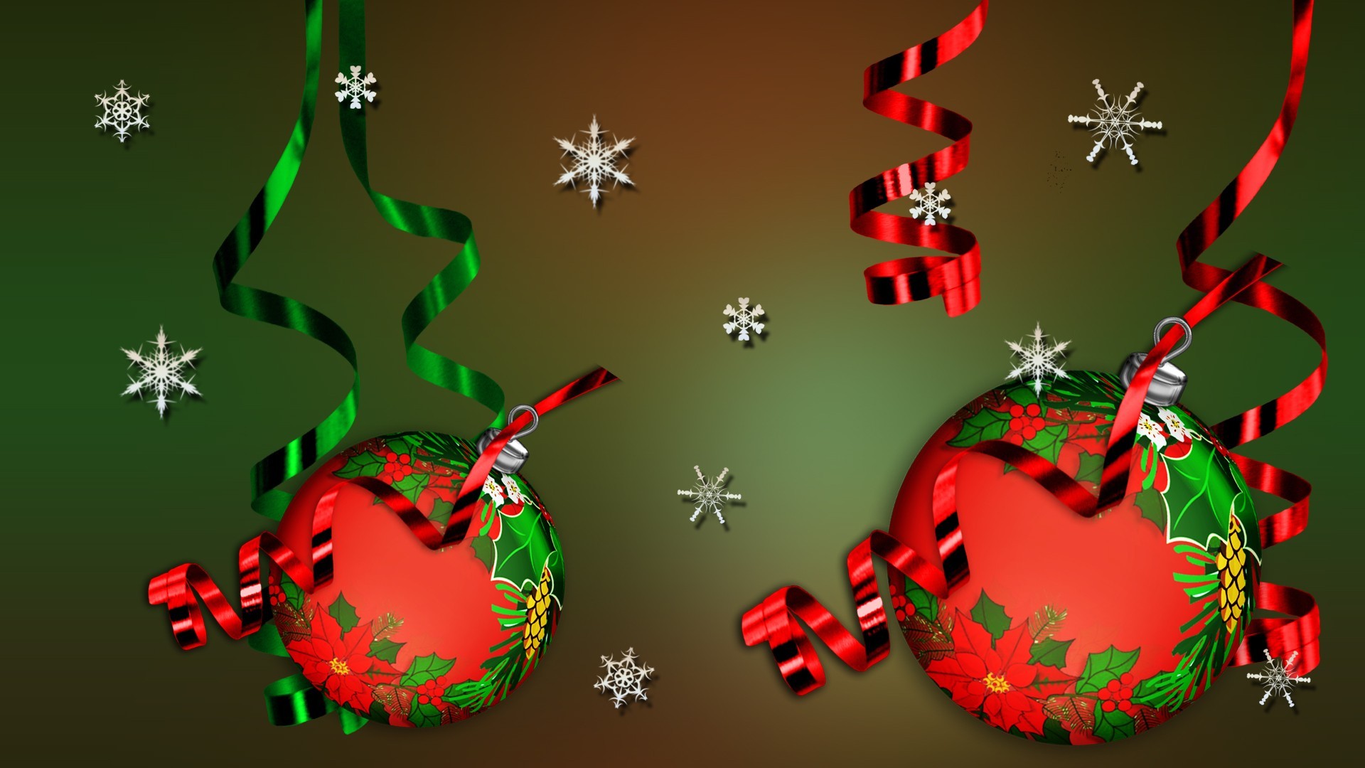 Palline rosse, Nastri, Fiocchi di neve, Sfondo verde, Full HD, wallpaper per desktop