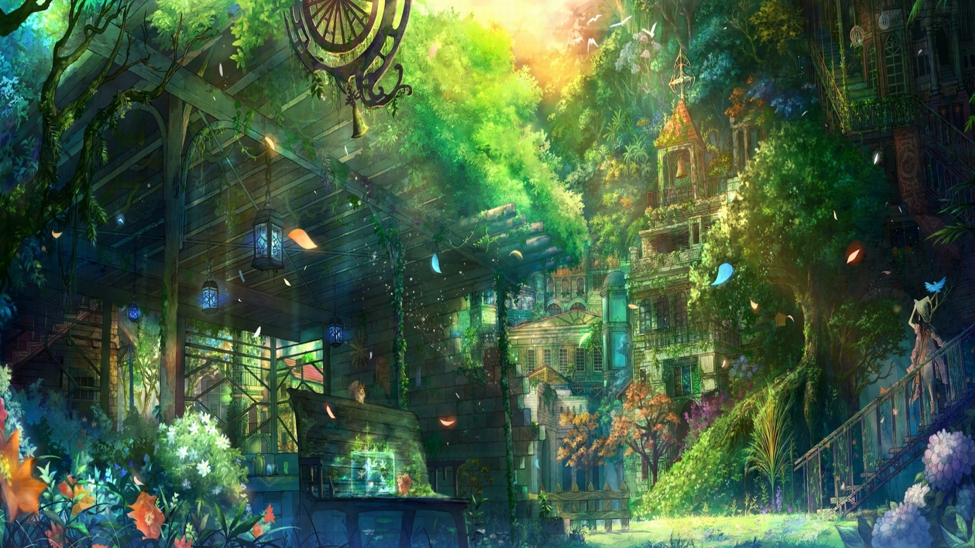Anime, Città fantasy, Vegetazione, Luce, 16:9 Full HD, sfondo widescreen
