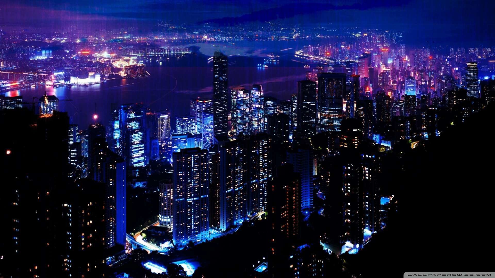 Hong Kong, Città notturna, Grattacieli, Luci, 1920x1080, sfondo per PC