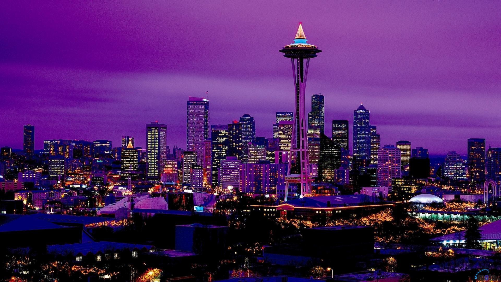 Space Needle, Seattle, Skyline, Notte, Cielo viola, Full HD, sfondo per desktop