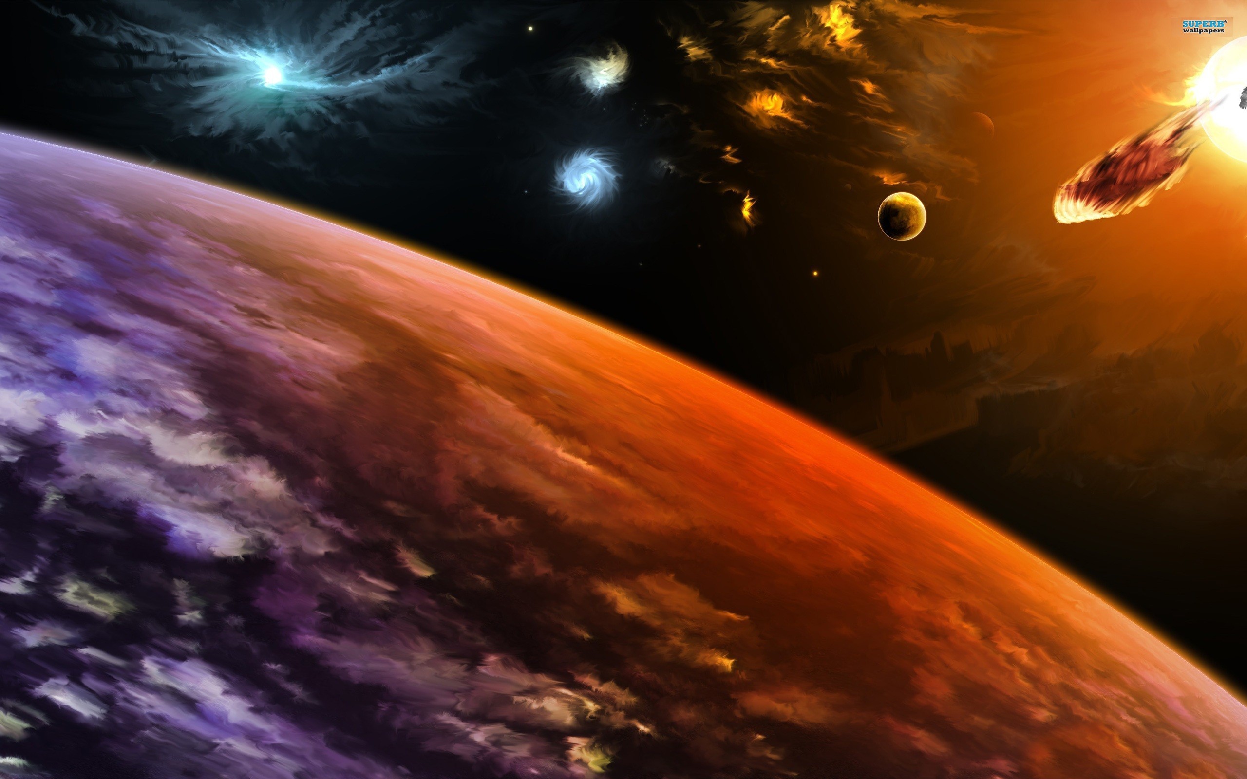 Pianeti, Cometa, Spazio, Arte digitale, Arancione, 2K, sfondo per PC e portatile