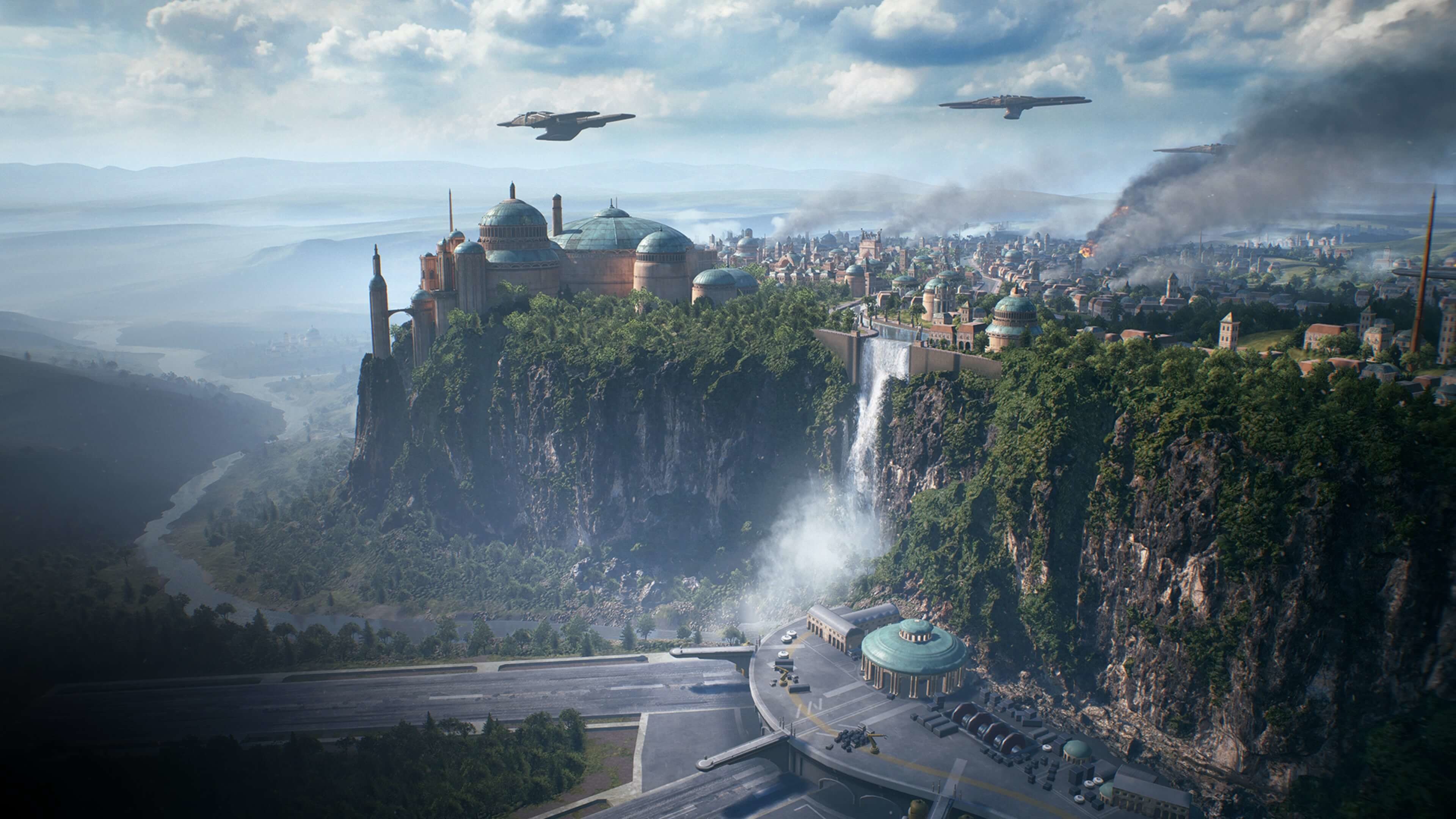 Naboo, Theed, Star Wars Battlefront, Cascata, Città, 4K 2160p, sfondo desktop