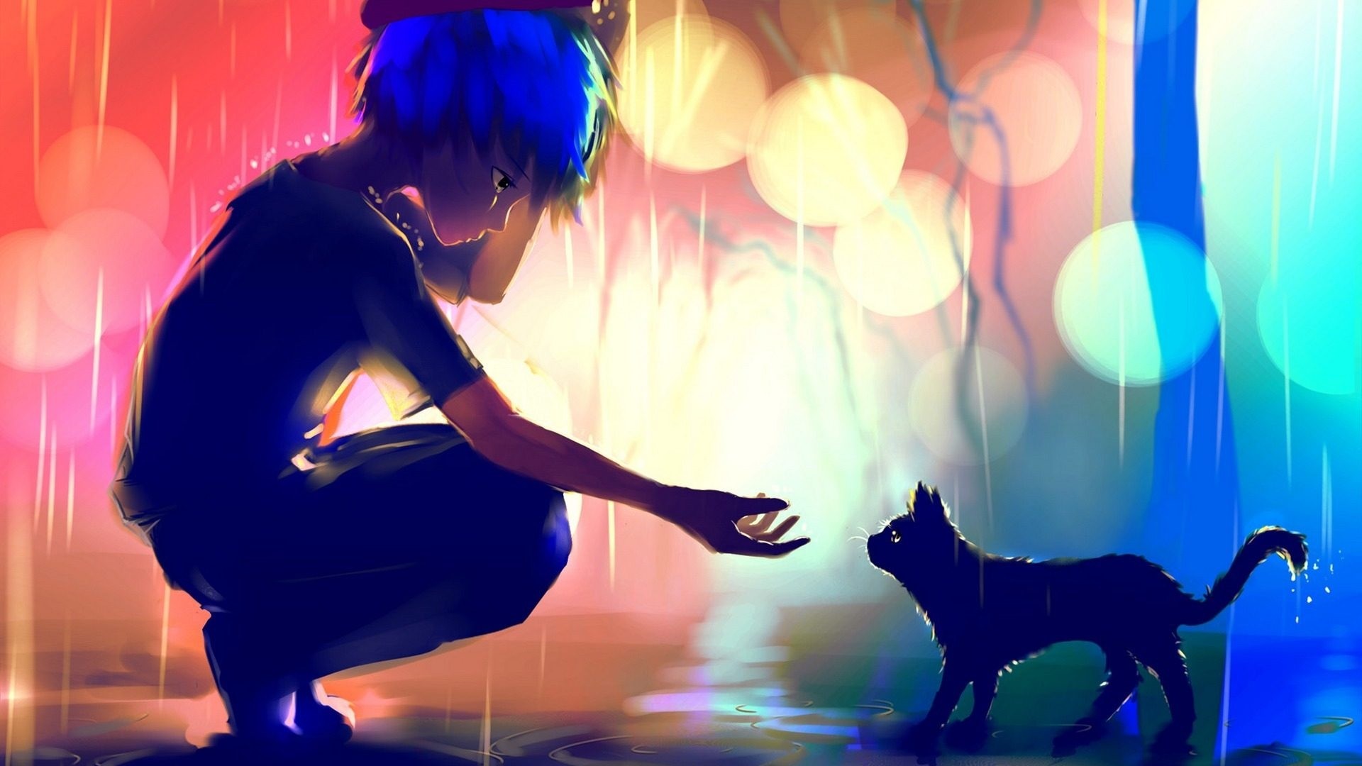 Ragazzo anime, Gatto nero, Pioggia, Bokeh, Colorato, Full HD, sfondo Windows 11
