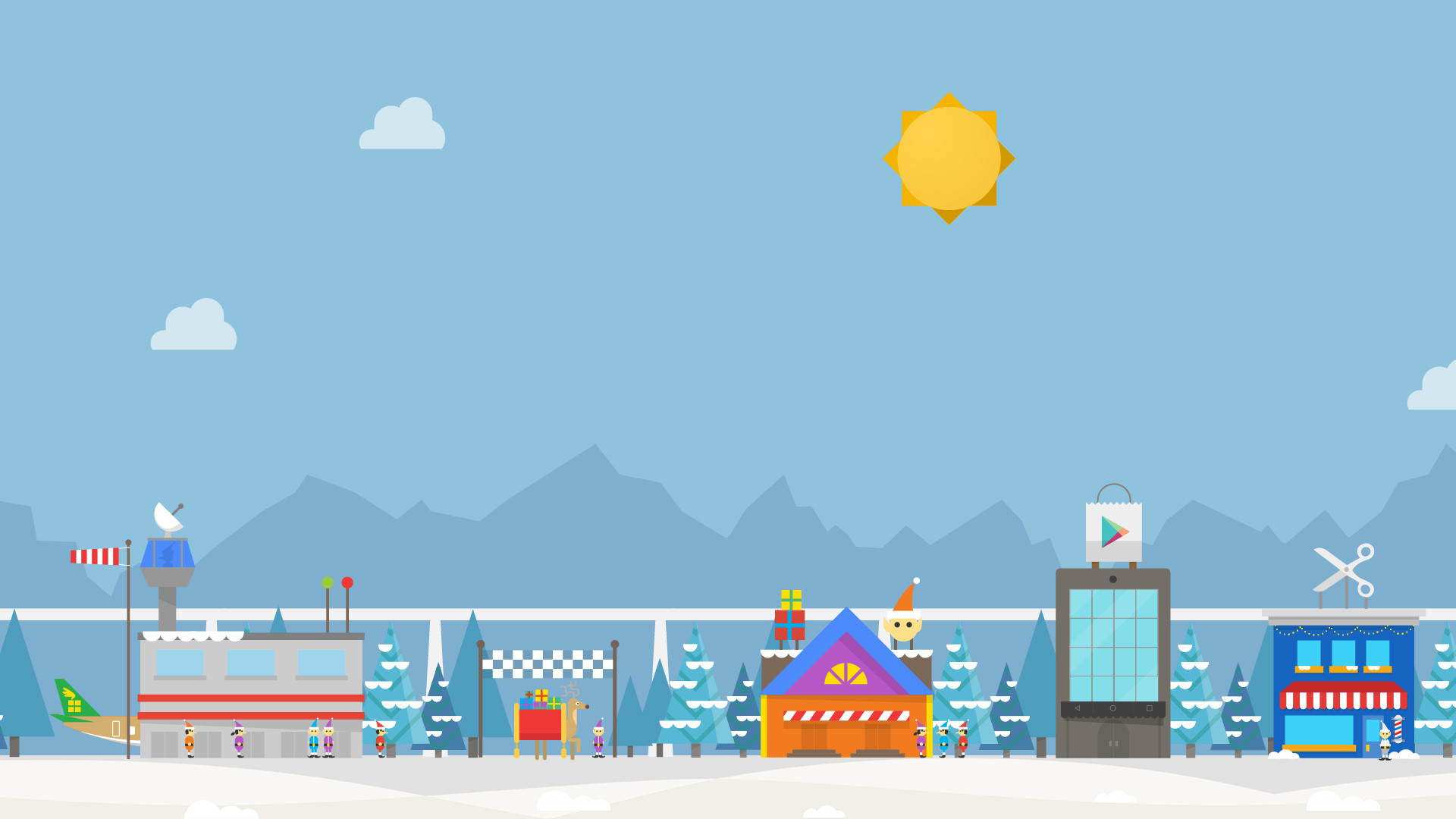 Villaggio, Illustrazione piatta, Sole, Montagne, Full HD 1080p, sfondo desktop