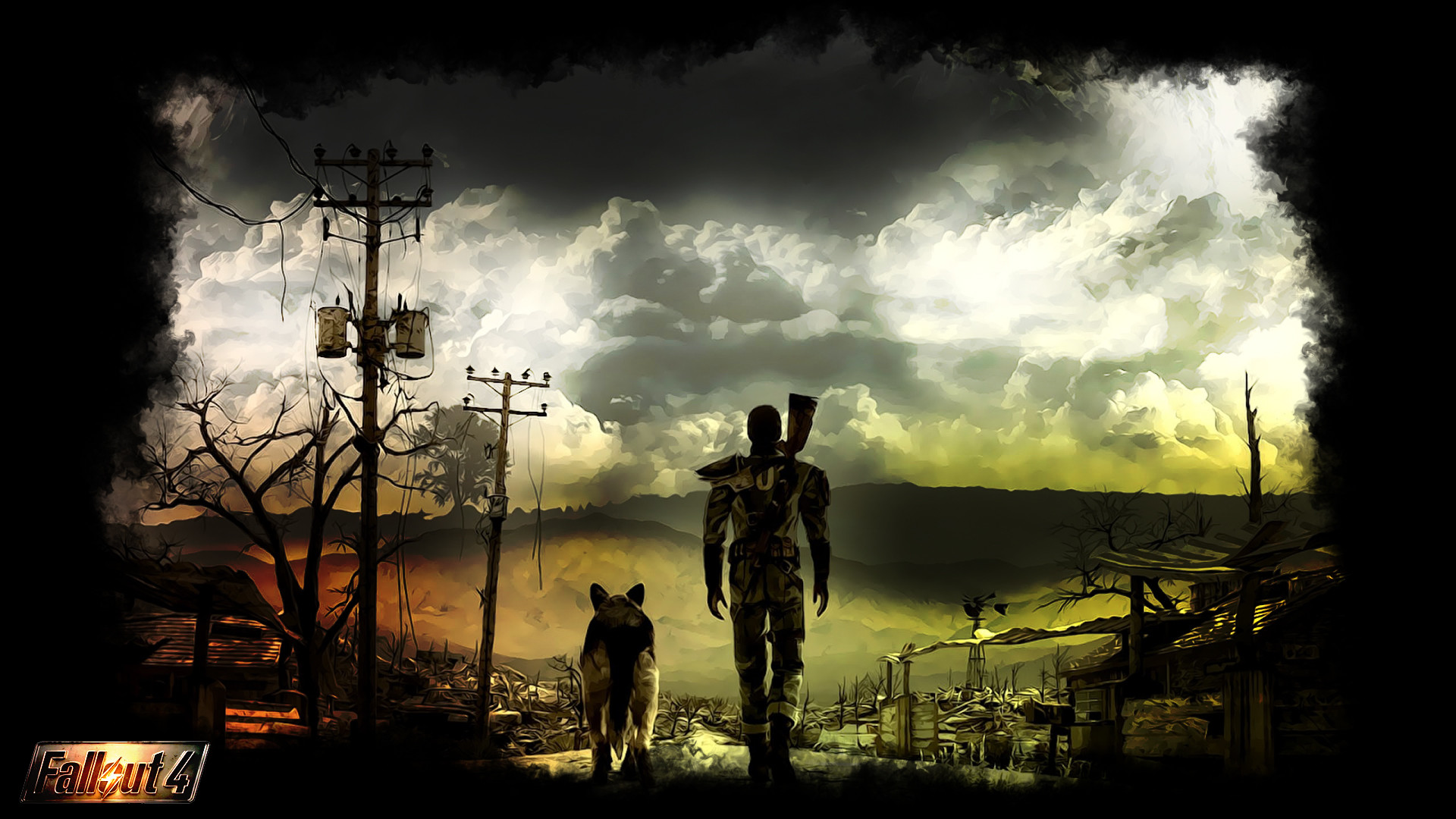 Fallout 4, Dogmeat, Zona contaminata, Silhouette, Logo, Full HD, sfondo Windows 11